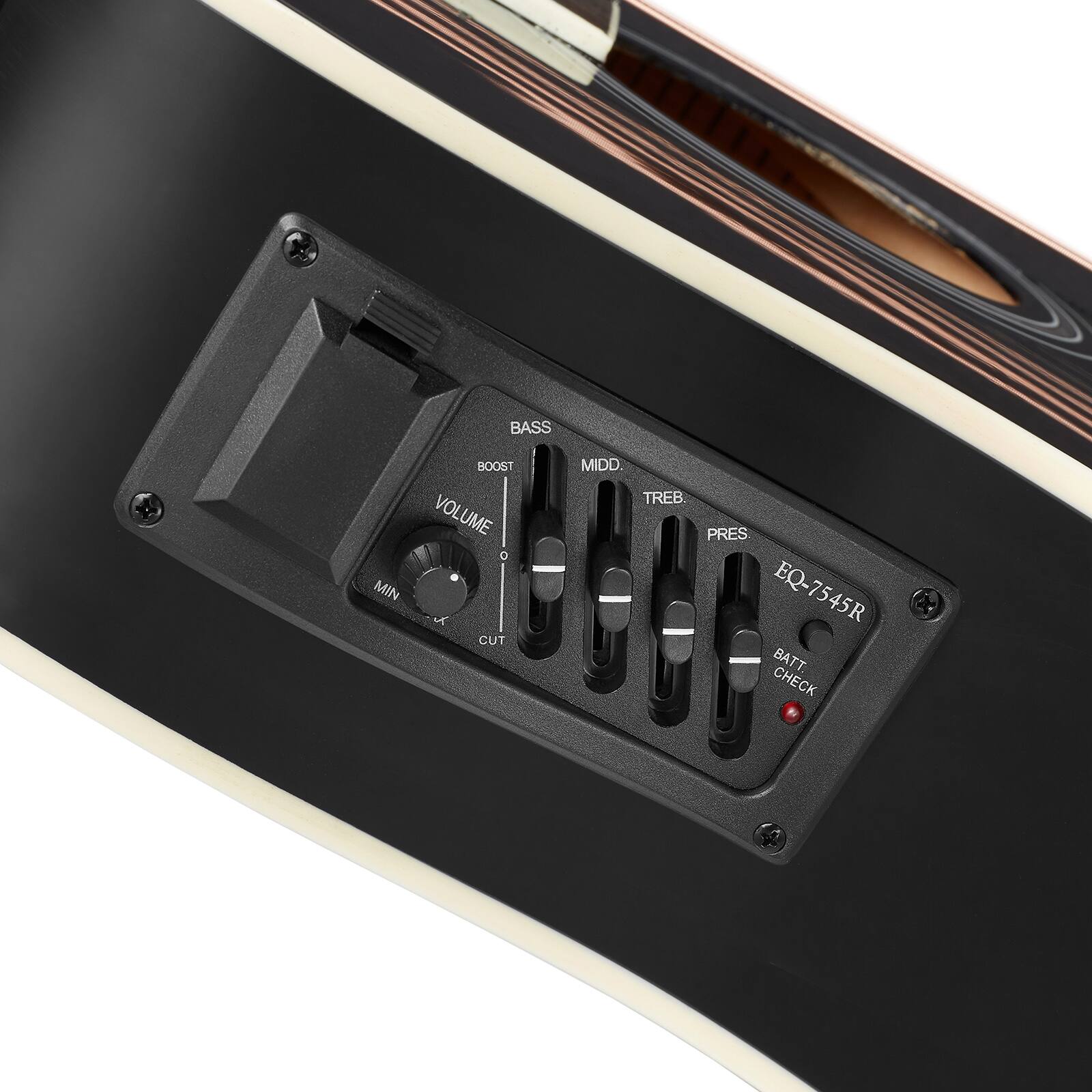 BASS BOOST VOLUME 0 MIN CUT MIDD TREB PRES EQ-7545R BATT CHECK