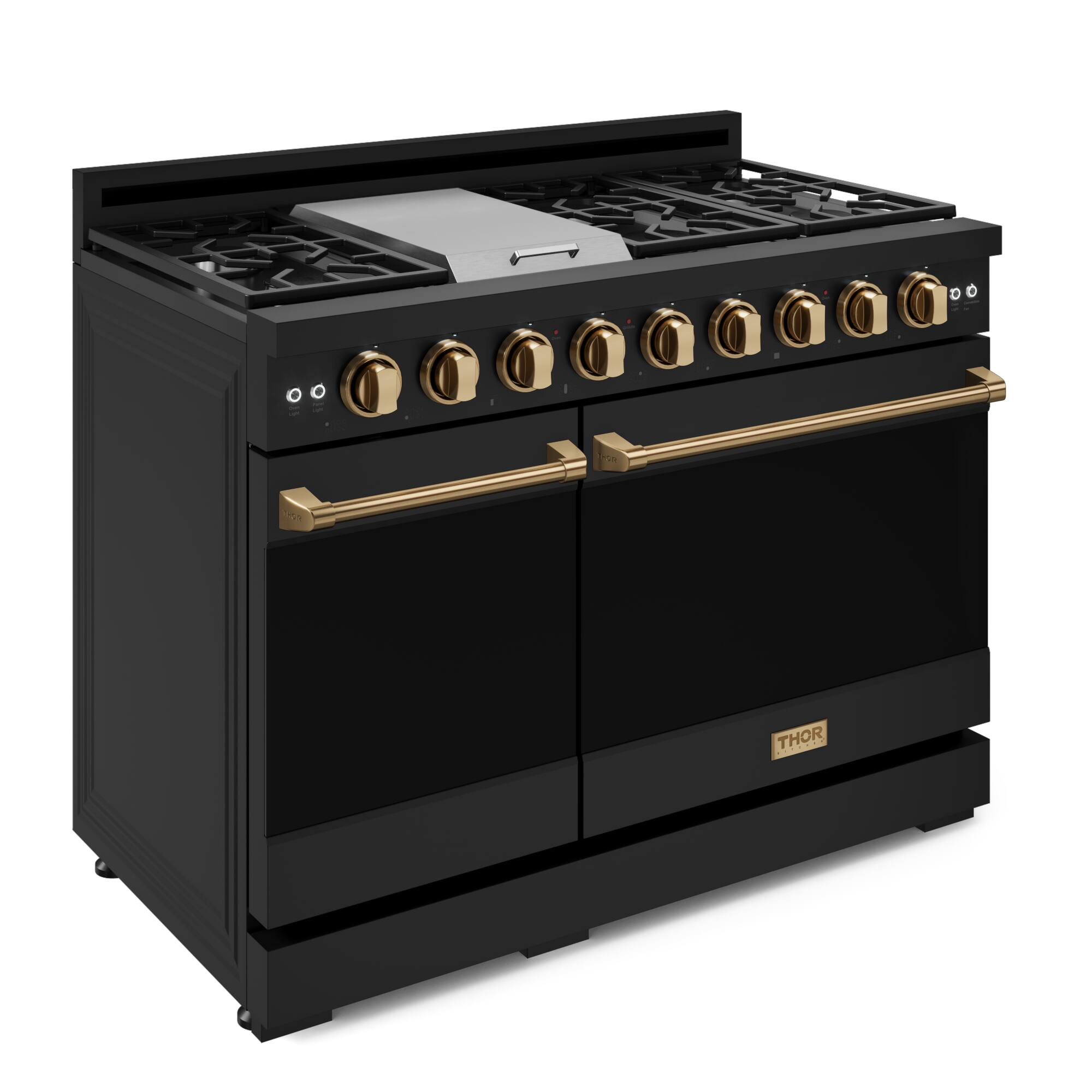 Left. Thor Kitchen - Gordon Ramsay Series by Thor Kitchen 6.8 Cu. Ft Freestanding Gas Range with Bronze Hardware - Black.