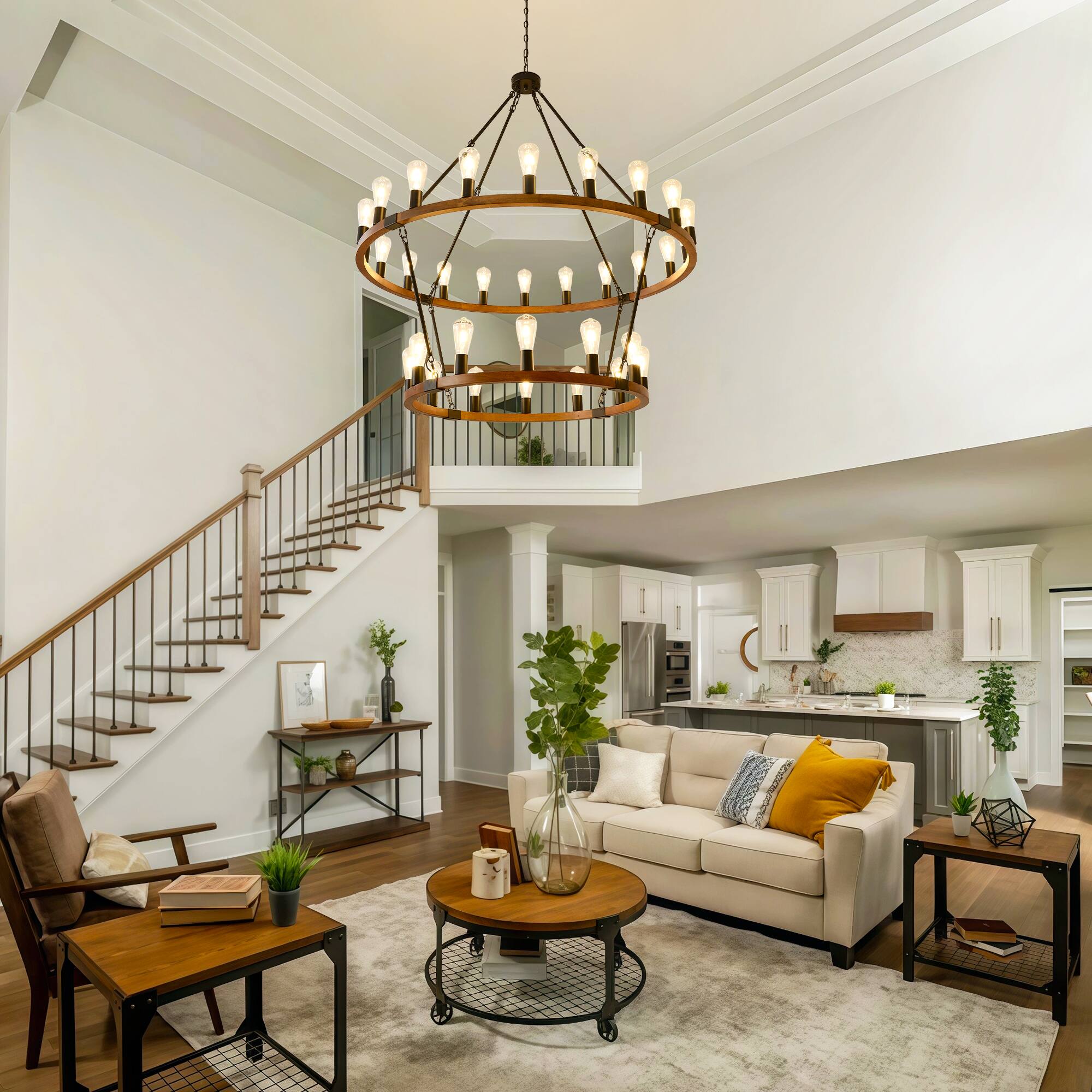 Alt View 1. RYHNUYNE - 2 Tier Wooden Wagon Wheel Chandelier,32-Light 47'' Large Farmhouse Chandelier,Round Wood Chandelier for High Ceiling - Brown.