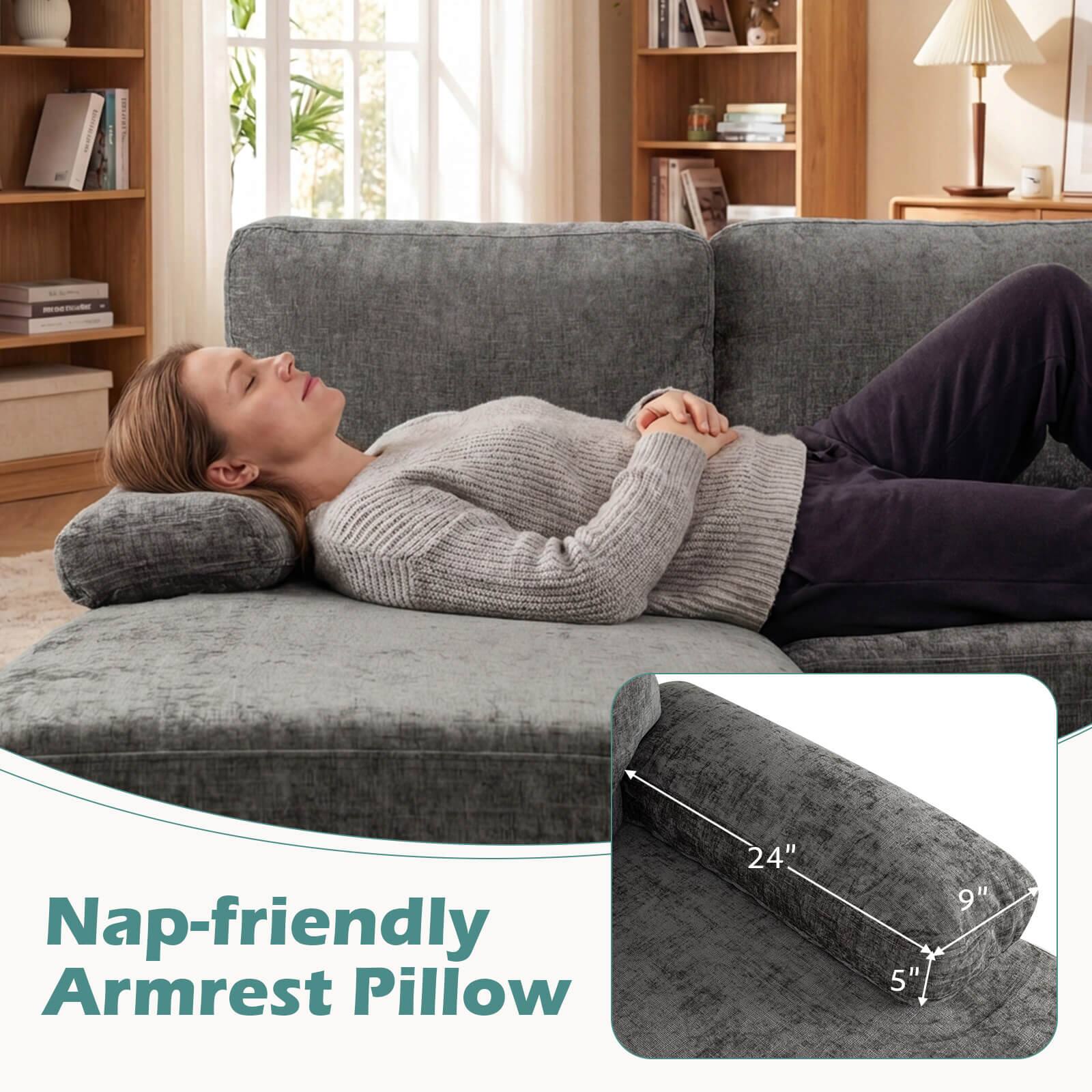 Nap-friendly Armrest Pillow  
24" x 5" x 9"