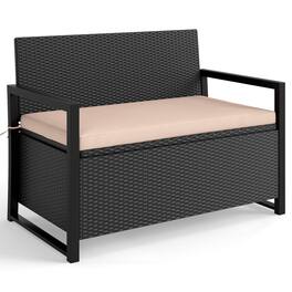 Costway - Patio Storage Bench Wicker Loveseat with Built-in Storage & Long Seat Cushion - Black