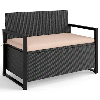 Front. Costway - Costway Patio Storage Bench Wicker Loveseat with Built-in Storage & Long Seat Cushion - Black.