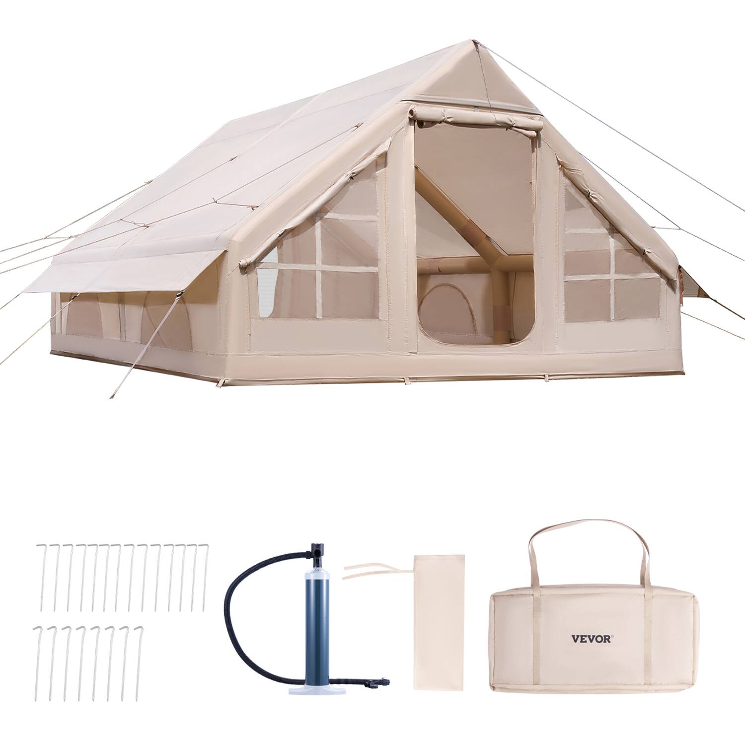 Alt View 5. VEVOR - Inflatable Tents, 5-8 Person Easy Setup Blow up Tent with Hand Pump, 300D Oxford Glamping Tent with Stove Jack 2 Doors - Beige.