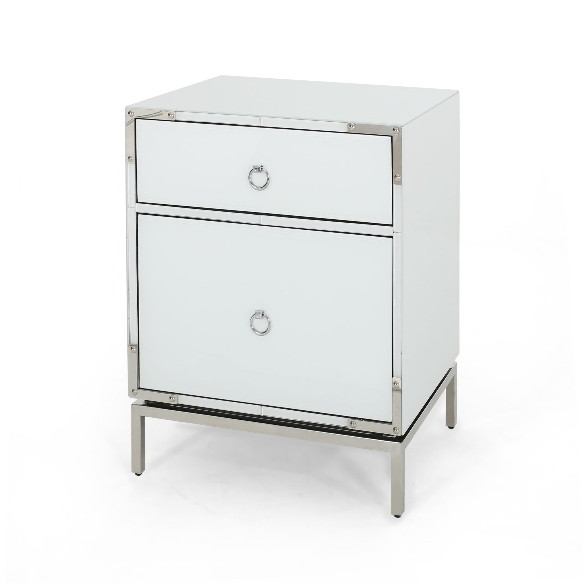 Alt View 3. Boyel Living - Modern White Elegant 2-Drawer Nightstand with Silver Mirrored Edge and Legs. End Table with Drawer and Cabinet - White.