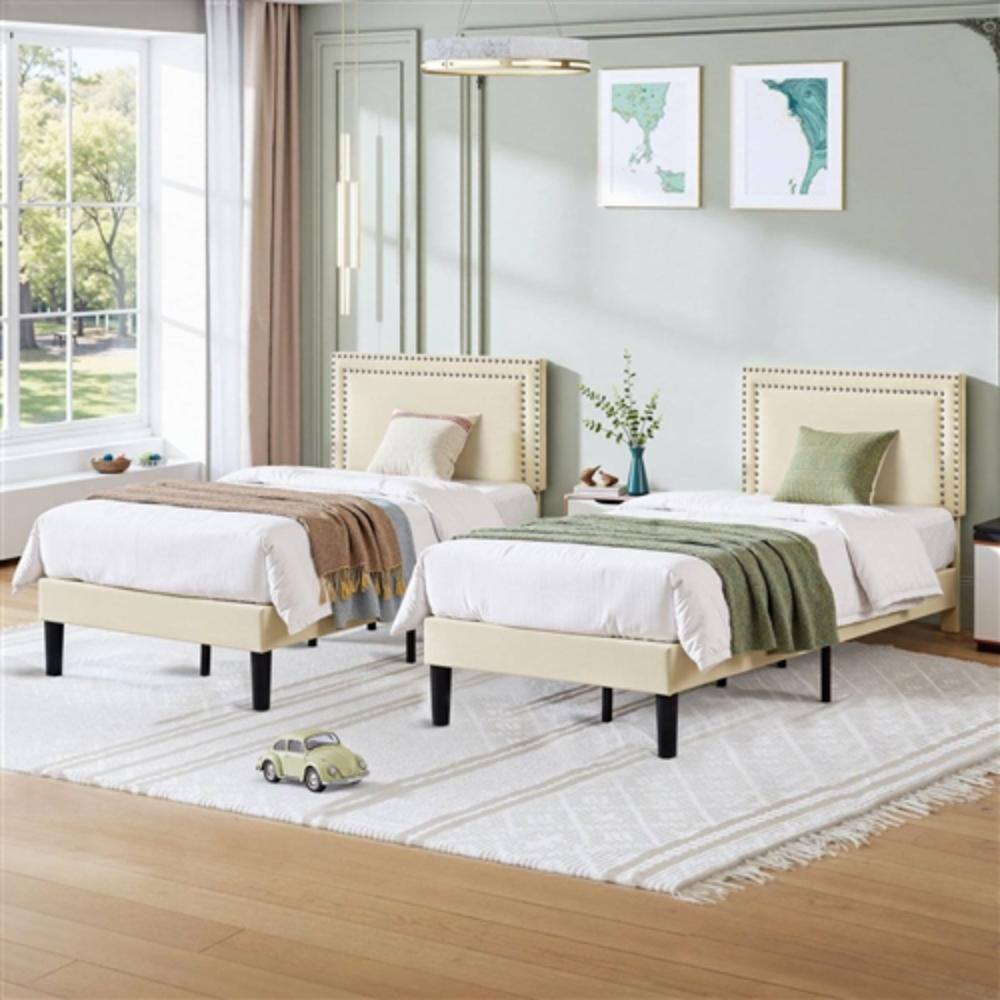 Angle. Hivvago - Twin Size - Set of 2  - Dorm Style Beige Tufted Upholstered Platform Beds - Beige.