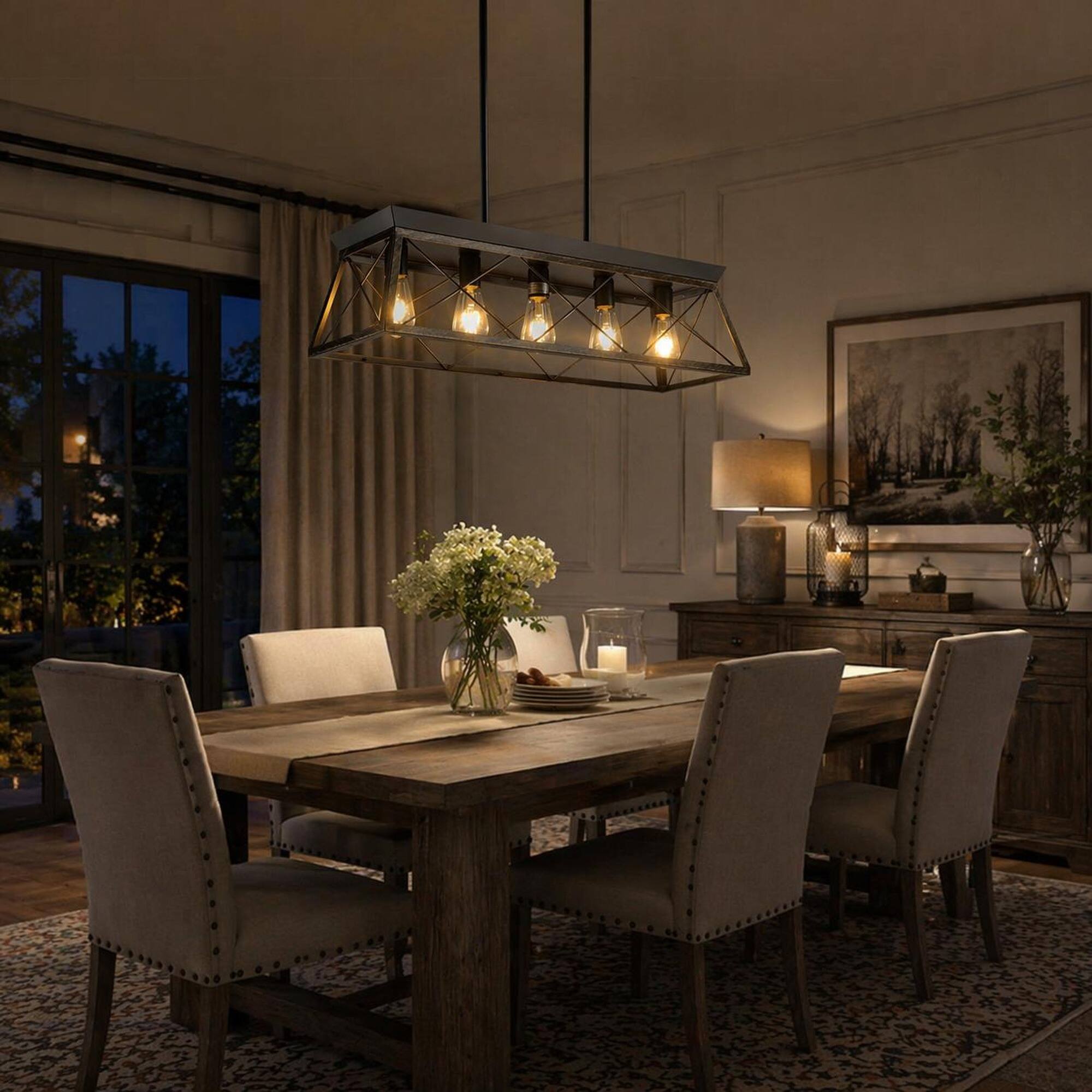 Back. RYHNUYNE - Industrial 5‑Light Linear Chandelier, 32" Black Kitchen Island Lighting for Kitchen Island Dining Living Room - Black+Gold.