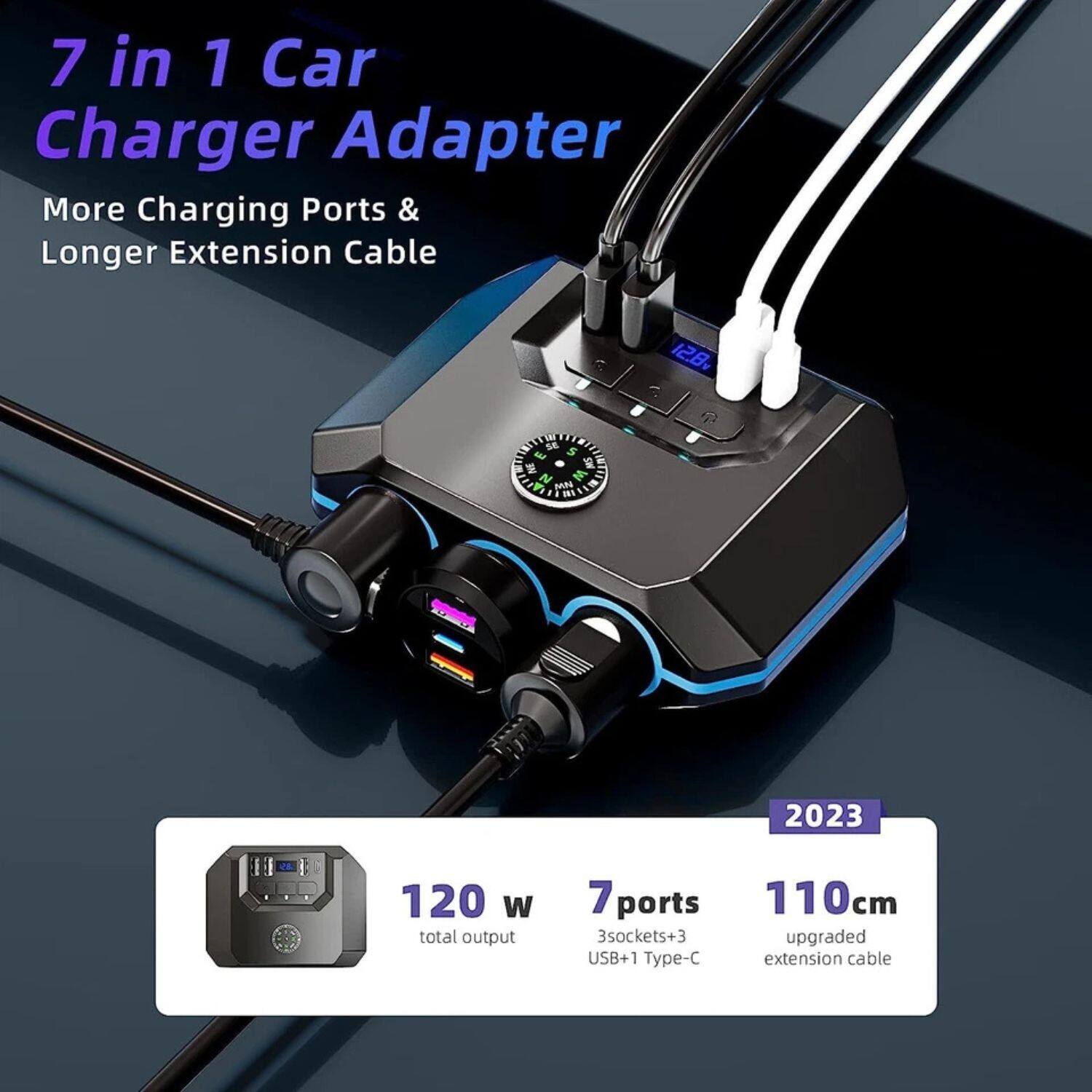 7 in 1 Car Charger Adapter  
More Charging Ports & Longer Extension Cable  

120 W total output  
7 ports (3 sockets + 3 USB + 1 Type-C)  
110 cm upgraded extension cable  

2023
