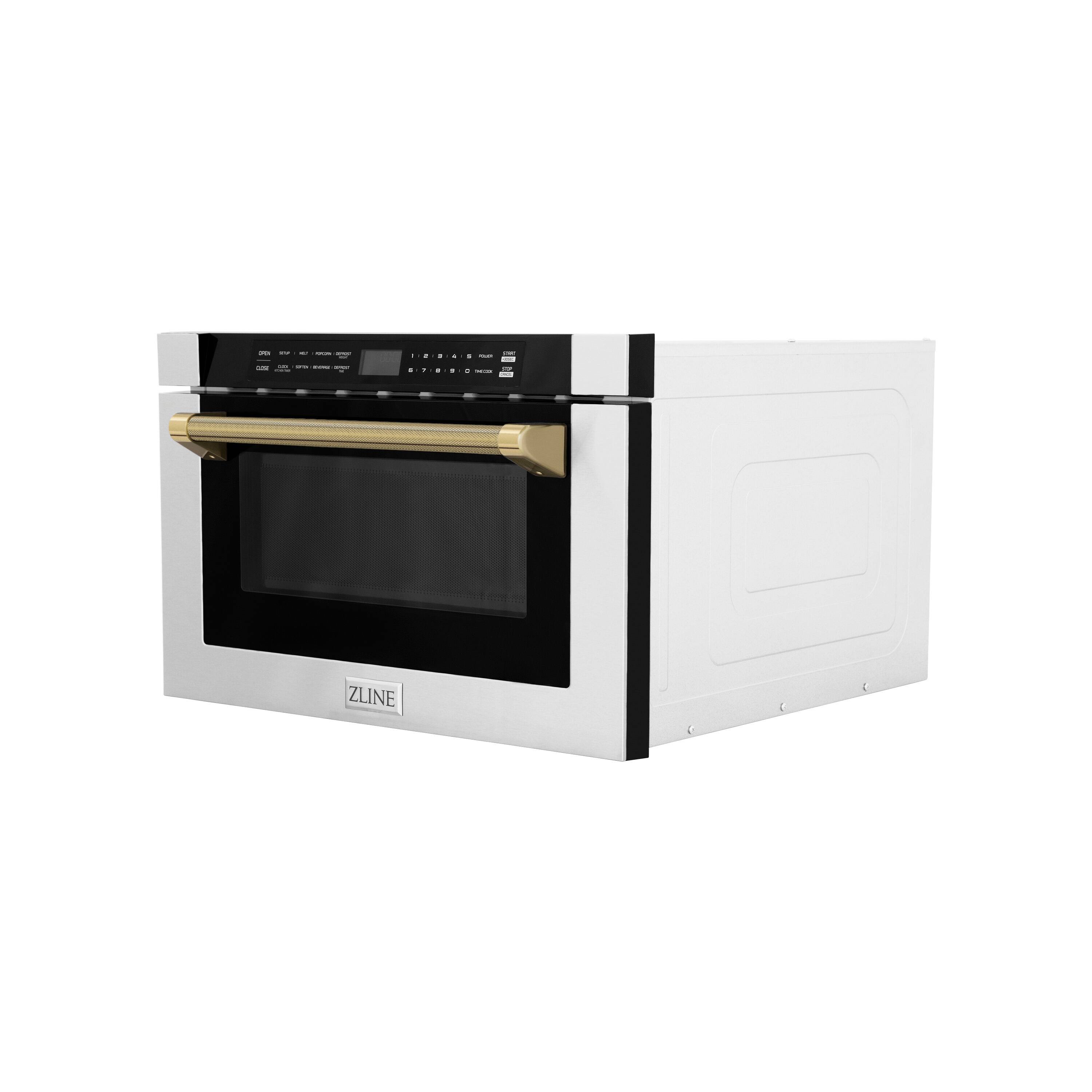 Angle. ZLINE - Autograph 24 in. 1.2 cu. ft. Built-in Microwave Drawer in Stainless Steel and Polished Gold Helix Handle - Stainless Steel.
