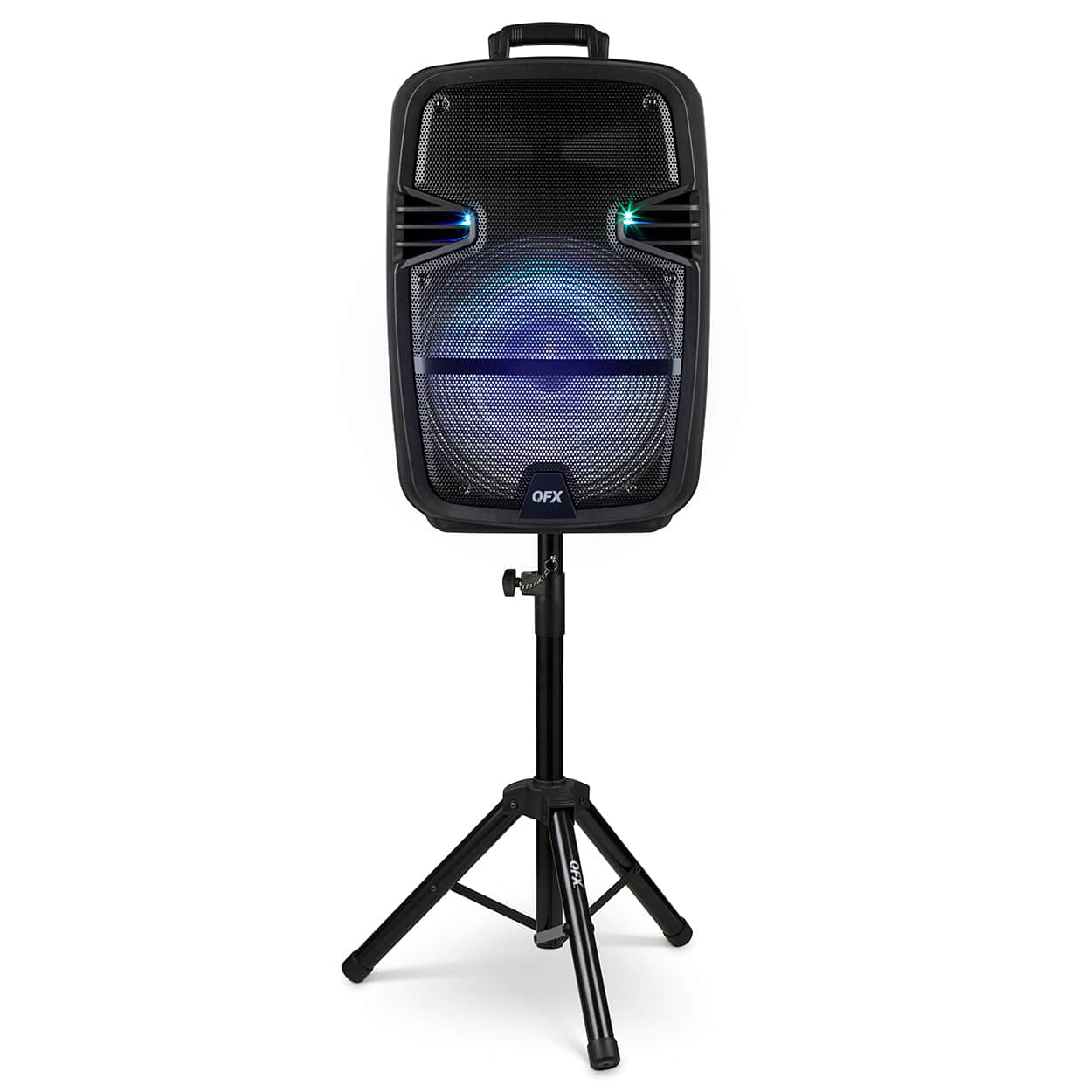 Front. QFX - Rechargeable Bluetooth Speaker and Stand with Microphone and LED Lights - Black.