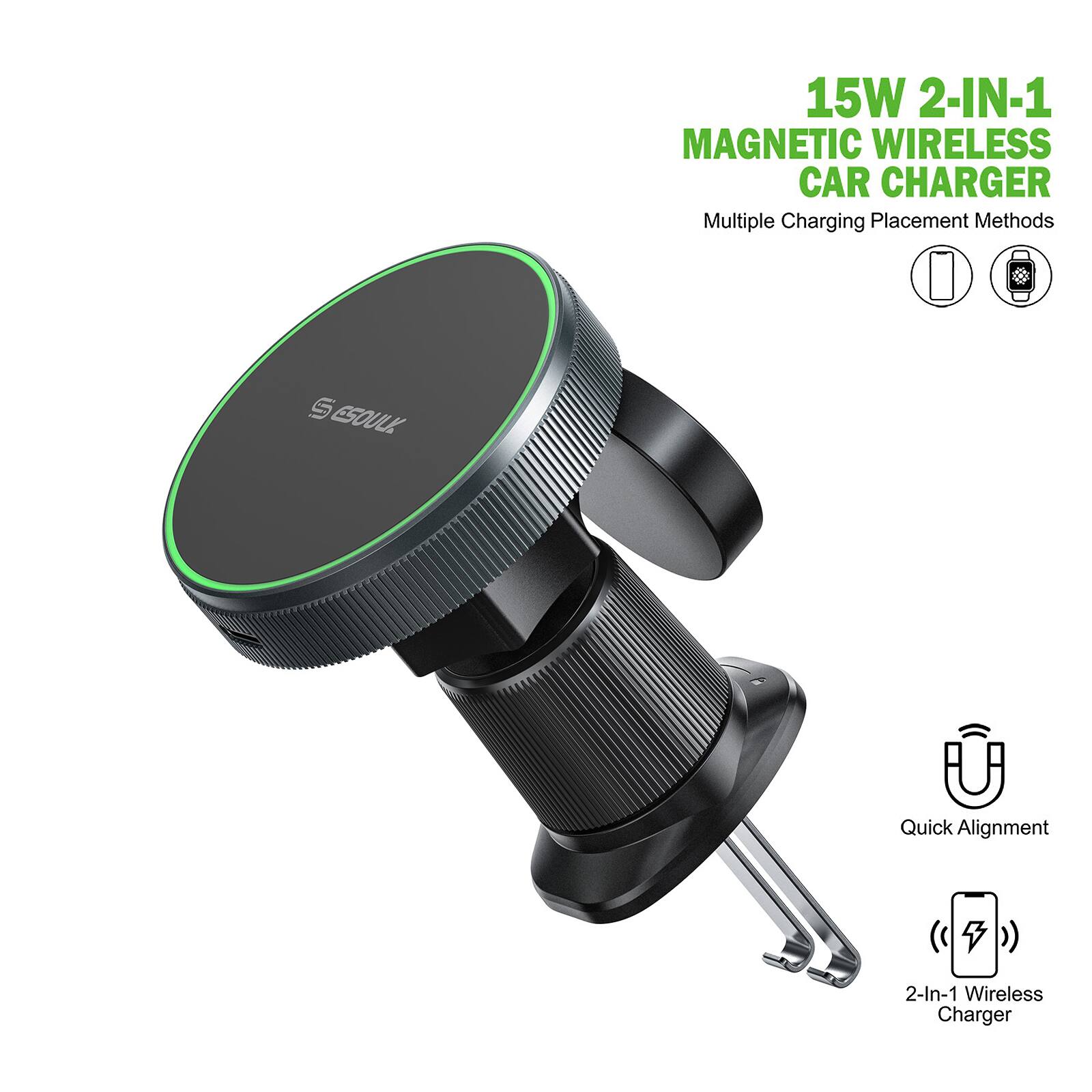 15W 2-IN-1 MAGNETIC WIRELESS CAR CHARGER

Multiple Charging Placement Methods

Quick Alignment

2-In-1 Wireless Charger