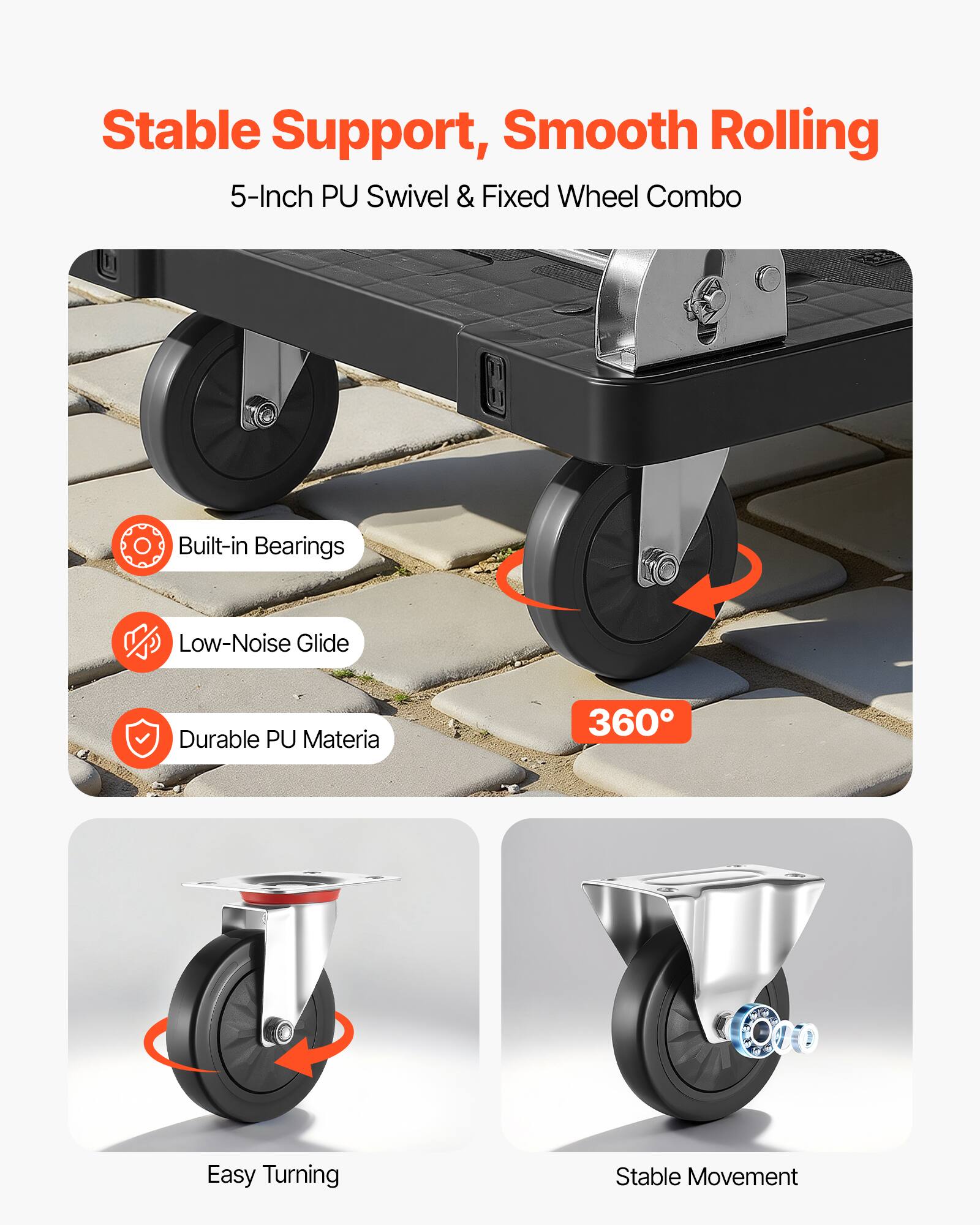 Stable Support, Smooth Rolling  
5-Inch PU Swivel & Fixed Wheel Combo  
Built-in Bearings  
Low-Noise Glide  
Durable PU Material  
360° Easy Turning  
Stable Movement