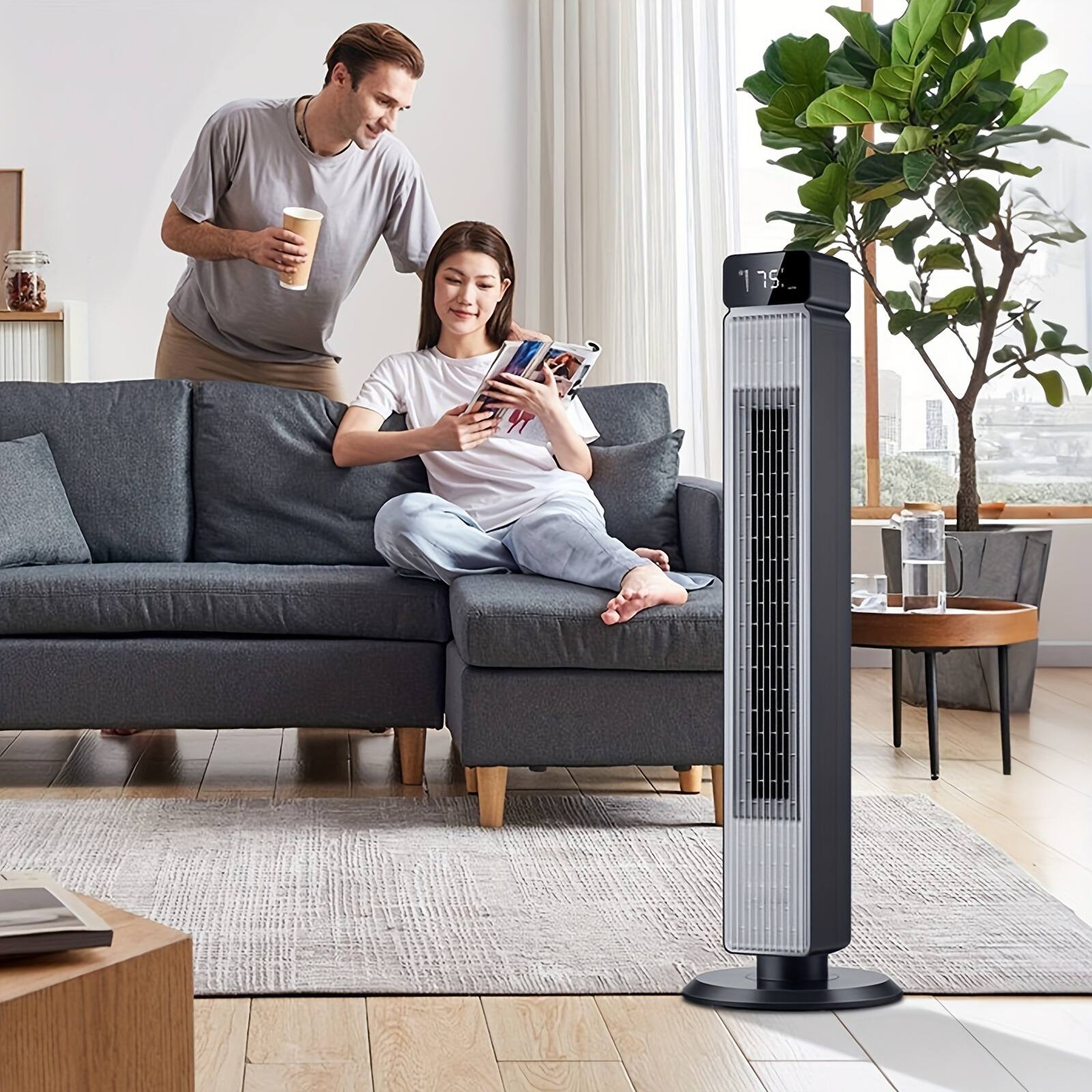 Alt View 4. GlowWise - 40 Inch Modern Bladeless Tower Fan, 6 Speeds, 4 Modes, 12H Timer, Large Digital Display, 90° Oscillating, 30dB Quiet - Black.