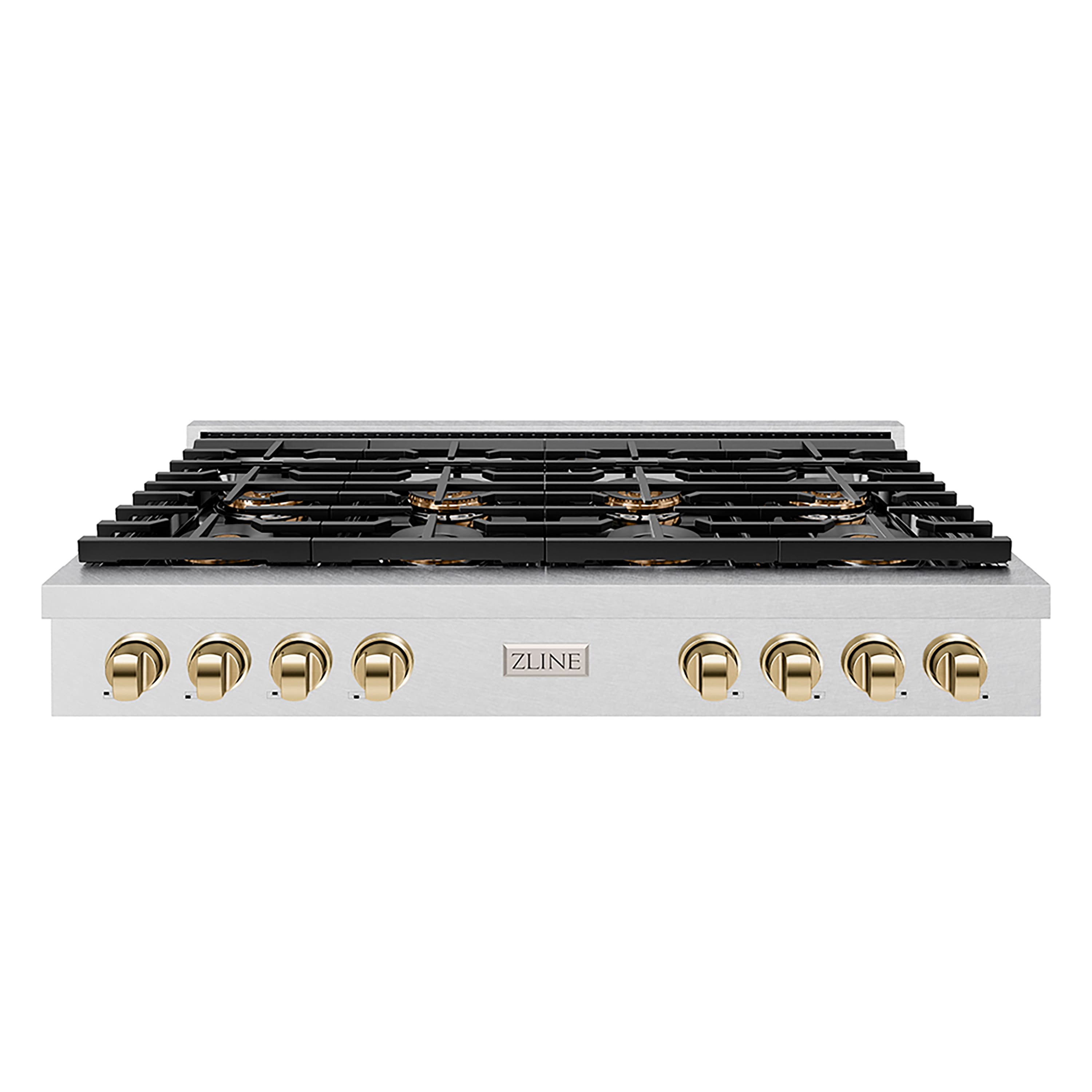 Front. ZLINE - ZLINE Autograph 48 in. Satin Steel Paramount Rangetop with 8 DuoPro Burners and Gold Accents (PSRTSZ-48-G) - Satin Stainless Steel.