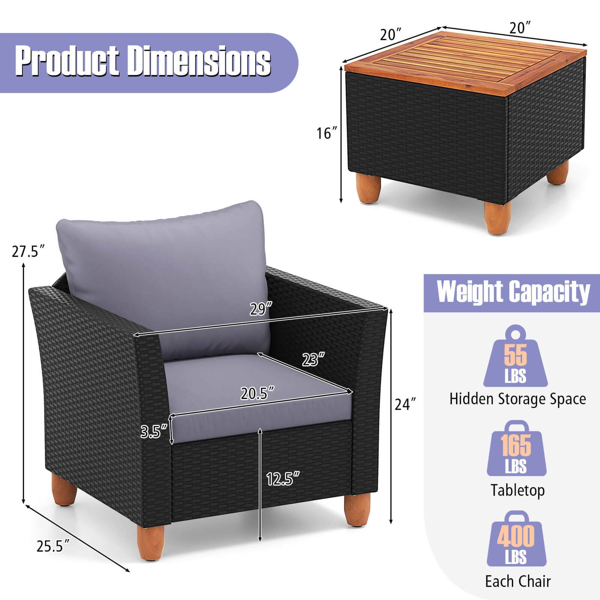 Product Dimensions: 20", 20", 16", 27.5", 29", 23", 20.5", 12.5", 24", 25.5"

Weight Capacity: 55 LBS, 165 LBS, 400 LBS Each Chair

Hidden Storage Space: 55 LBS

Tabletop: 165 LBS

Each Chair: 400 LBS