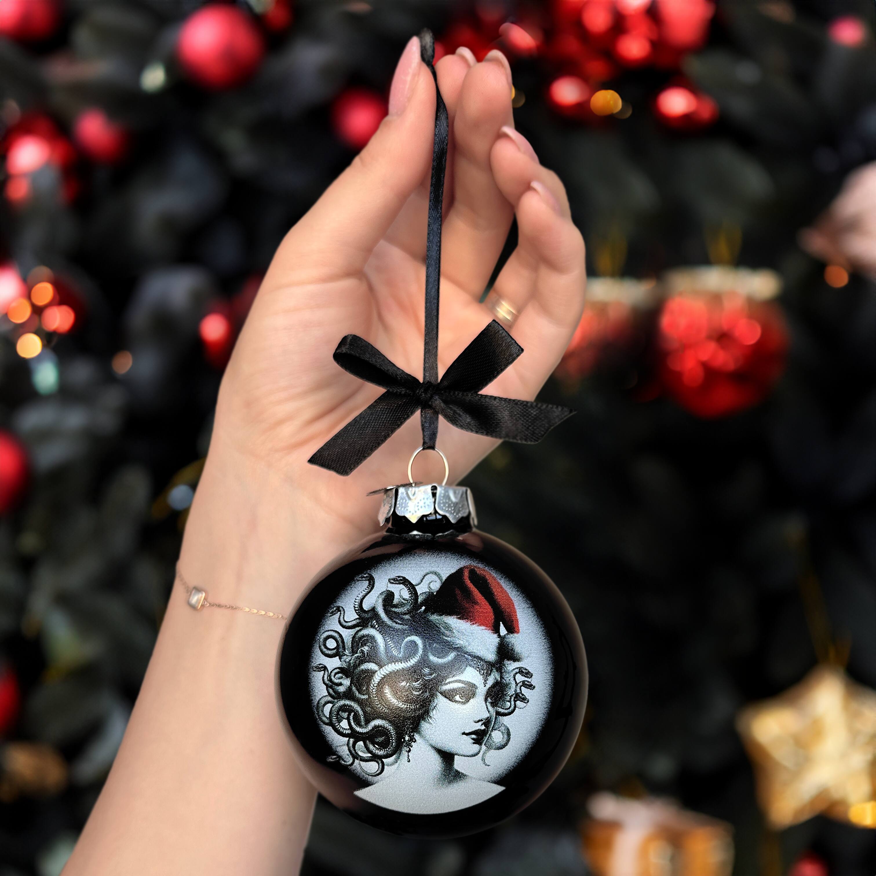 Left. OrnamentallyYou - Medusa Christmas Spooky Portrait Glass Ornament Black Horror Halloween Tree Decoration - Multi-colored.