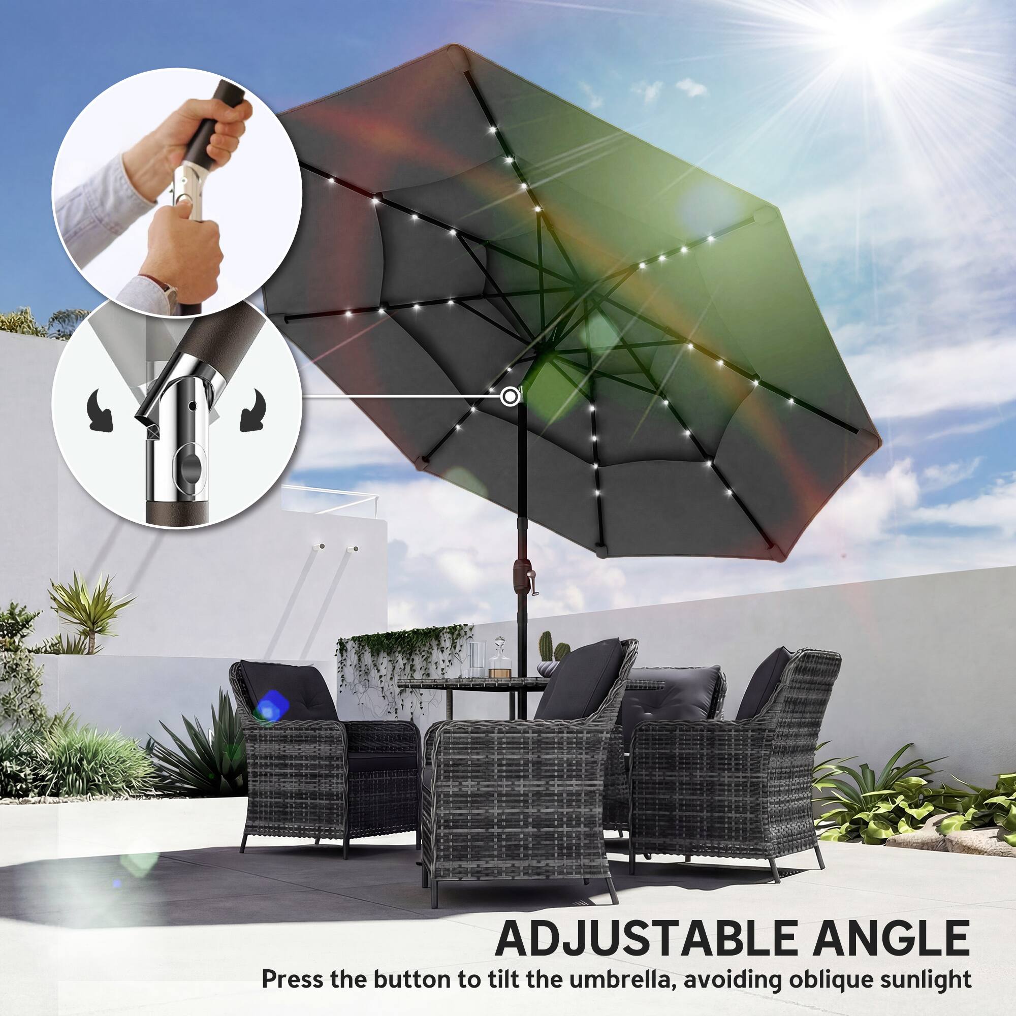 ADJUSTABLE ANGLE  
Press the button to tilt the umbrella, avoiding oblique sunlight