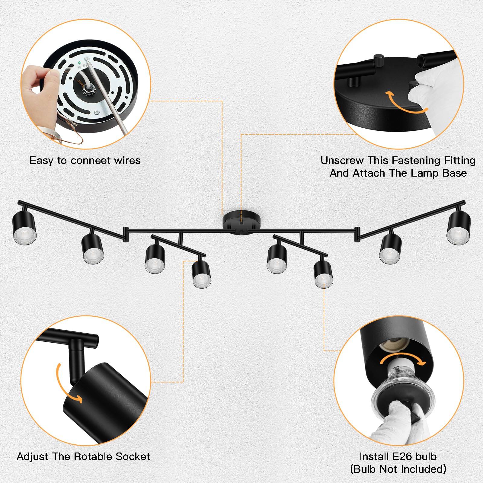 Easy to connect wires  
Unscrew this fastening fitting and attach the lamp base  
Adjust the rotatable socket  
Install E26 bulb (Bulb not included)