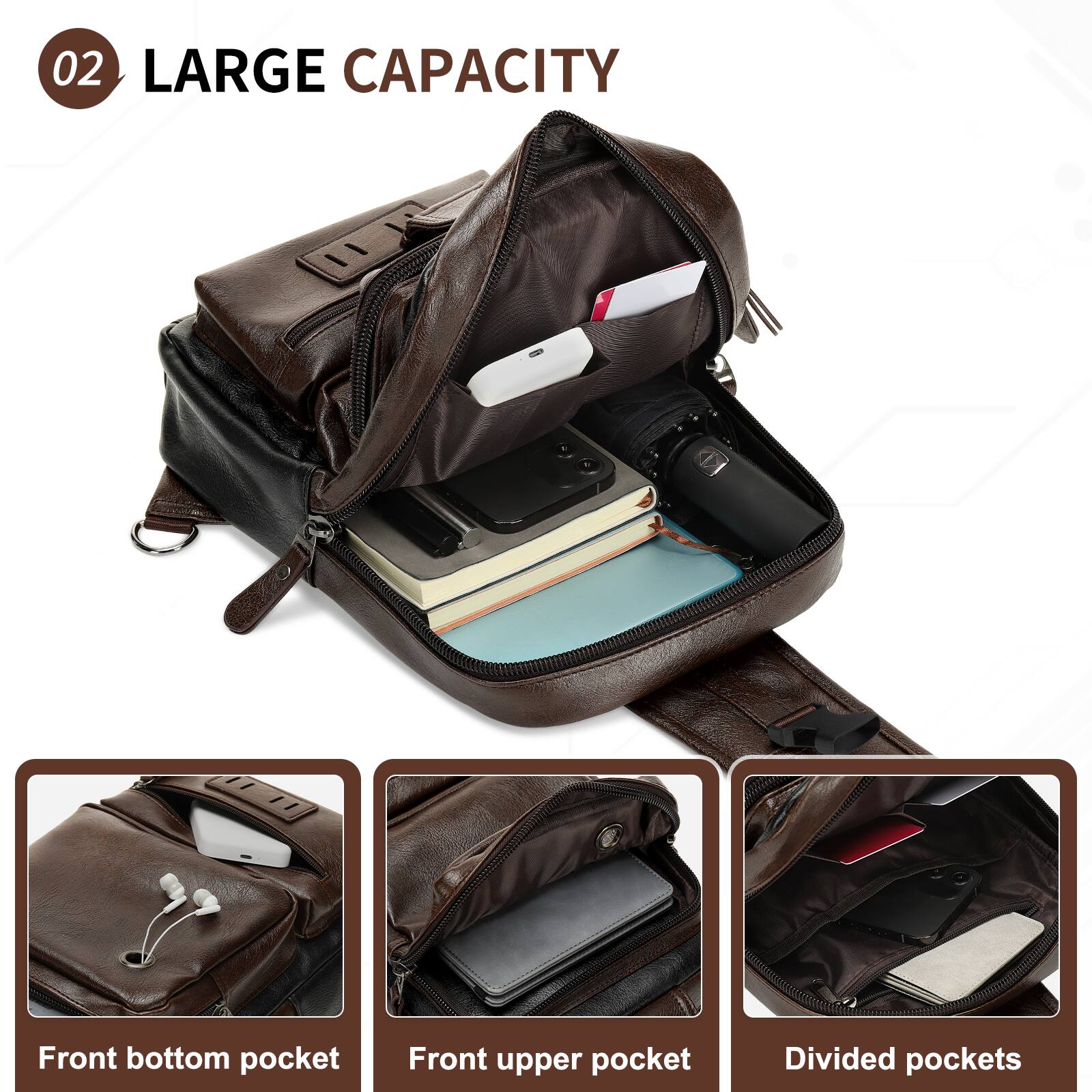 02 LARGE CAPACITY

- Front bottom pocket
- Front upper pocket
- Divided pockets