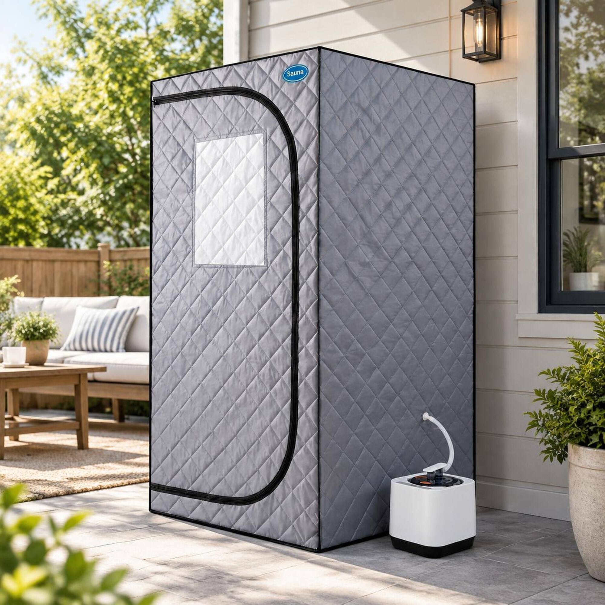Left. RYHNUYNE - Portable Grey Steam Sauna Tent, Personal Home Spa, 2.2L Steam Generator, Remote Control, Foldable Chair, PVC Pipe - Cement Grey.