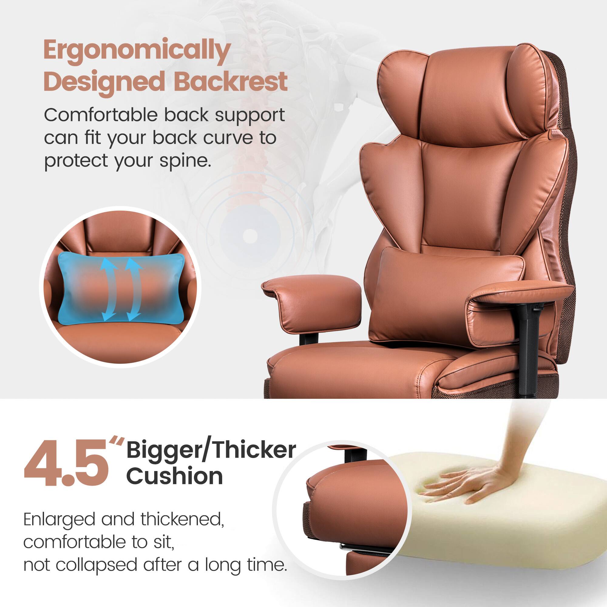 Ergonomically Designed Backrest: Comfortable back support that fits your back curve to protect your spine. 4.5" Bigger/Thicker Cushion: Enlarged and thickened cushion for added comfort and support, ensuring that it remains comfortable to sit on for an extended period of time without collapsing.