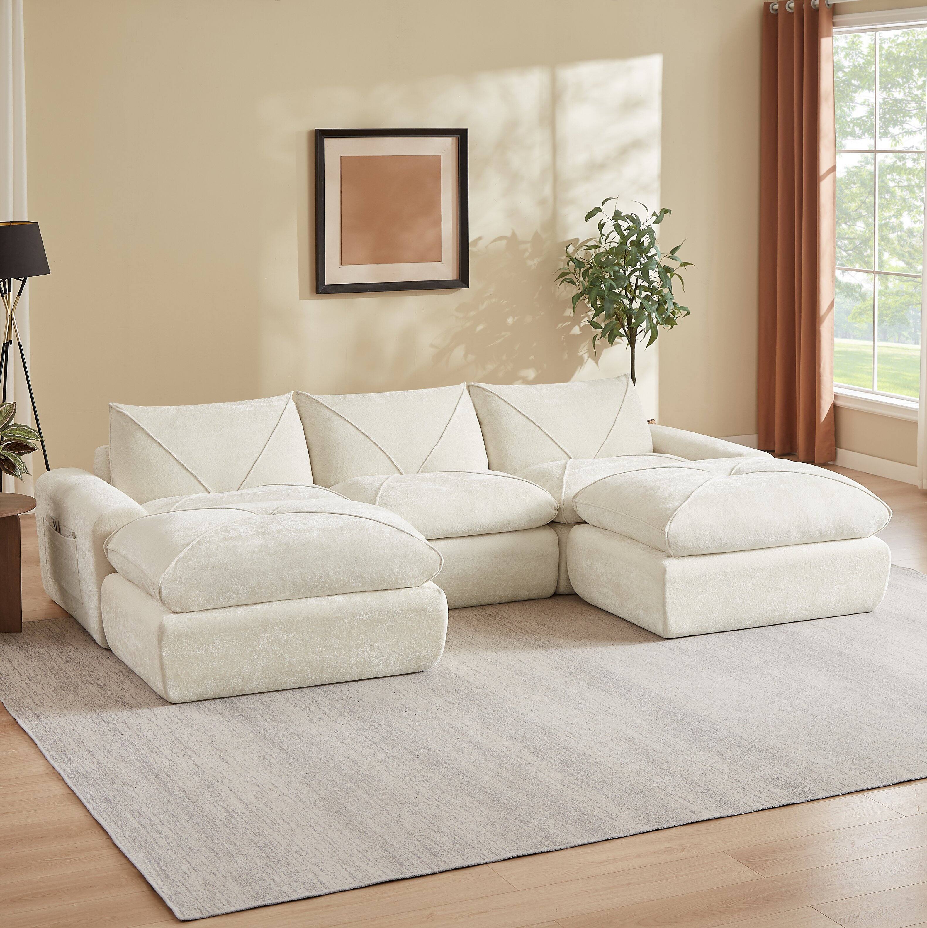 Angle. Loheer - Loheer Modern Minimalist Chenille Sectional Sofa with Ottoman Spacious Living Room Combination Couch - Beige.