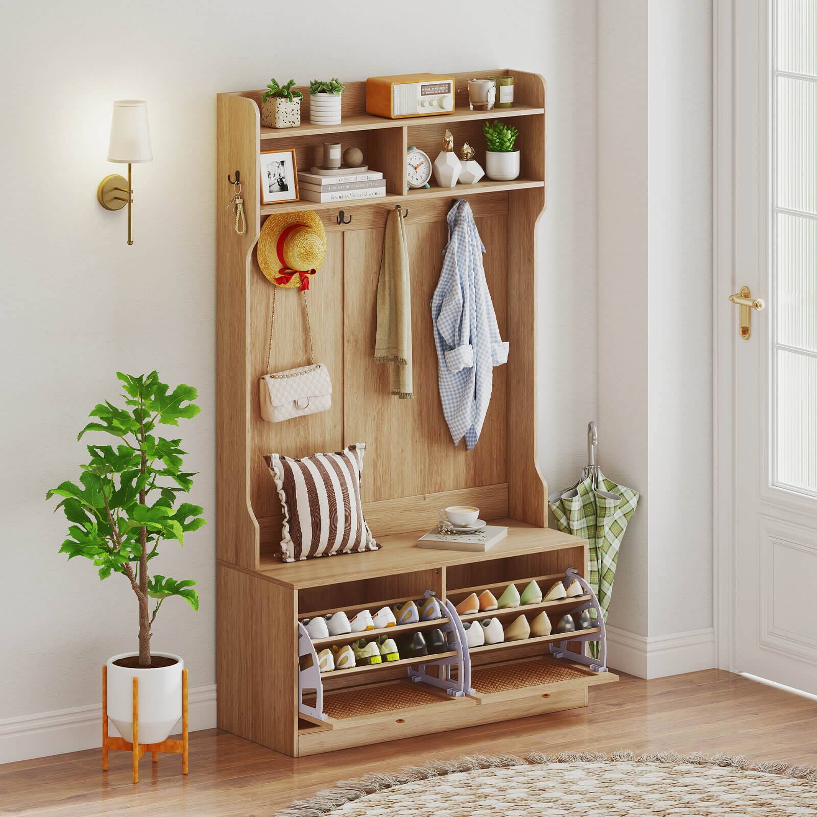 Alt View 1. Costway - Costway 4-In-1 Hall Tree Entryway Bench with Coat Rack & Flip Drawers 6 Dual-Hook Hangers - Natural.