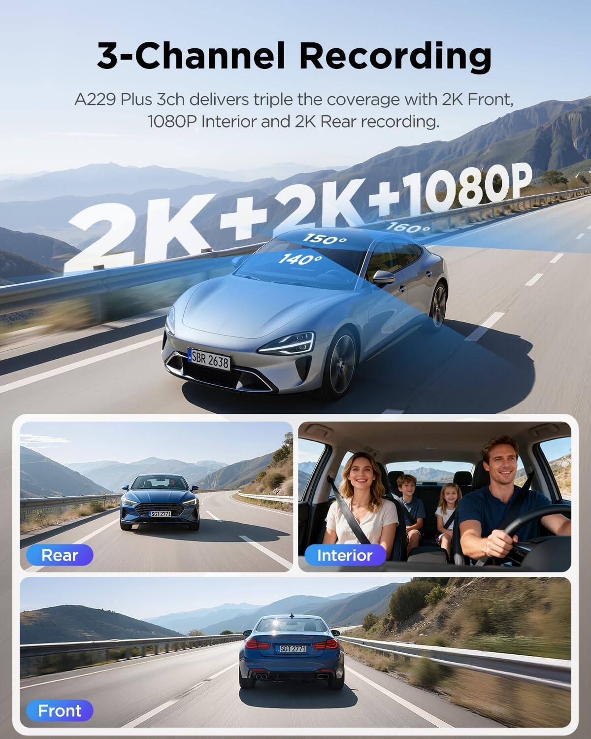 3-Channel Recording  
A229 Plus 3ch delivers triple the coverage with 2K Front, 1080P Interior and 2K Rear recording.  
2K+2K+1080P  
160° 150° 140°  
SBR 2638 E 1277  
Rear Interior SST 2771 Front
