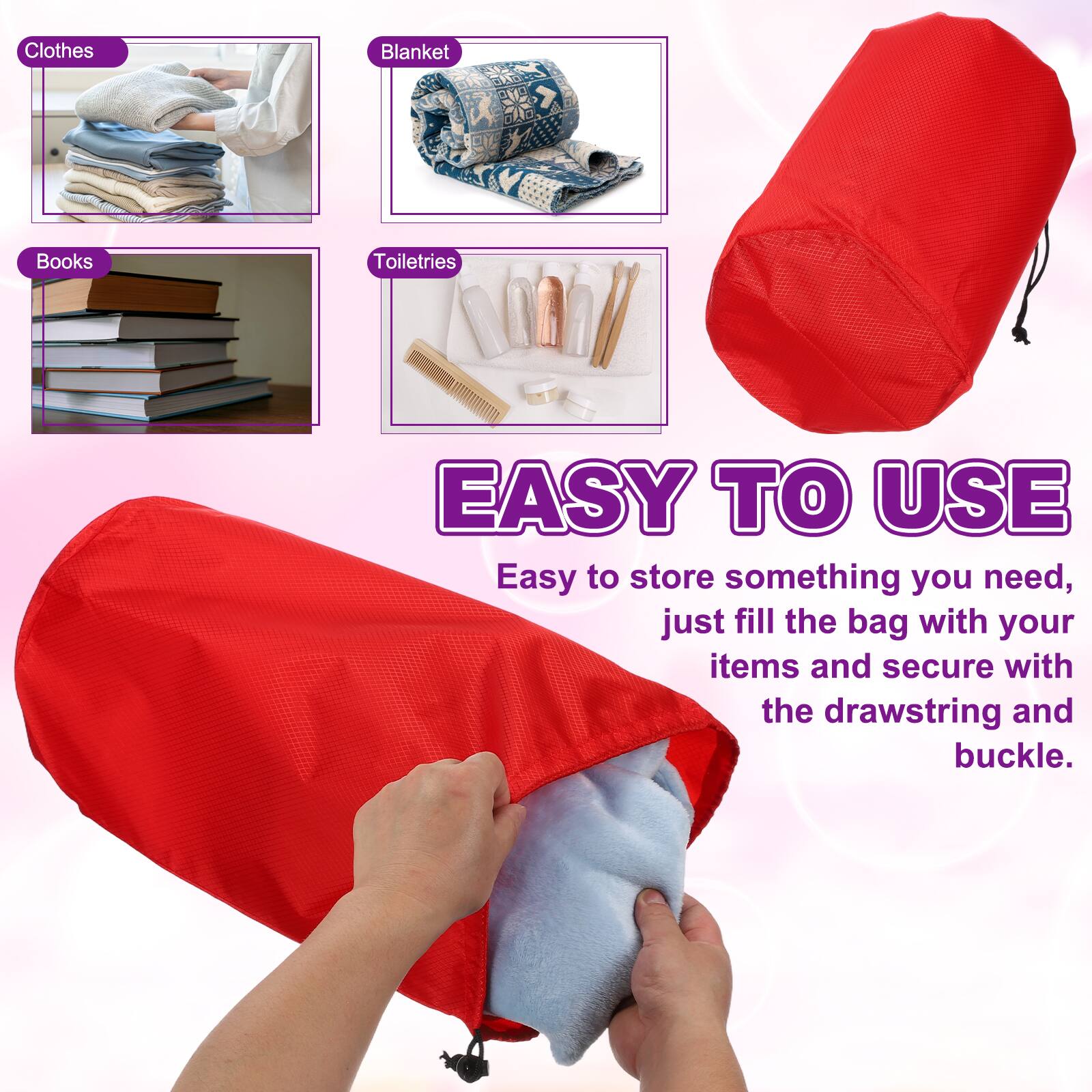 Clothes Blanket 21 > i TAo PU Books Toiletries

EASY TO USE

Easy to store something you need, just fill the bag with your items and secure with the drawstring and buckle.
