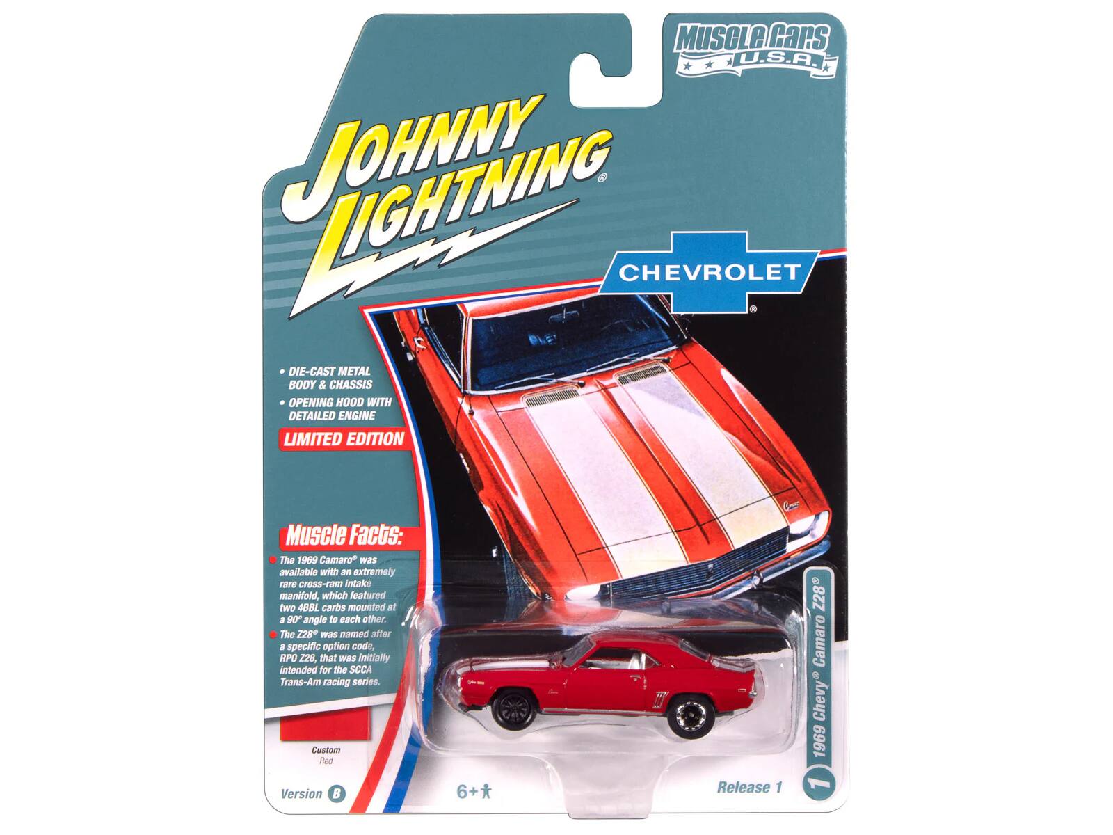 MUSCLE CARS U.S.A.  
JOHNNY LIGHTNING  
CHEVROLET  

DIE-CAST METAL BODY & CHASSIS  
OPENING HOOD WITH DETAILED ENGINE  
LIMITED EDITION  

Muscle Facts:  
The 1969 Camaro was available with an extremely rare cross-ram intake manifold, which featured two 48BL carbs mounted at a 90° angle to each other. The 228 was named after a specific option code, RPO Z28, that was initially intended for the SCCA Trans-Am racing series.  

Custom Red Version  
6+*  
Release 1  
Z28 Camaro Chevy 1969