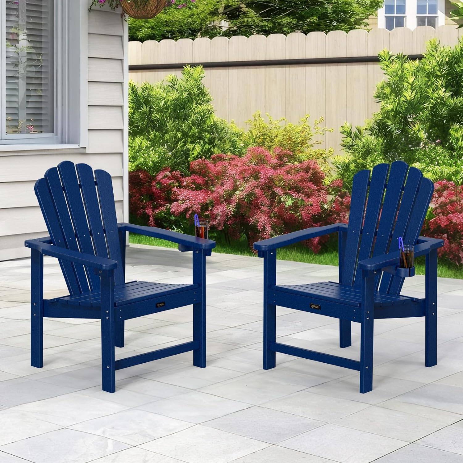 Alt View 7. Winado - Plastic Folding Adirondack Chair with Cup Holder Comfortable for Outdoor Garden Pool Patio Lounge Chair Lawn Furniture - Navy Blue.