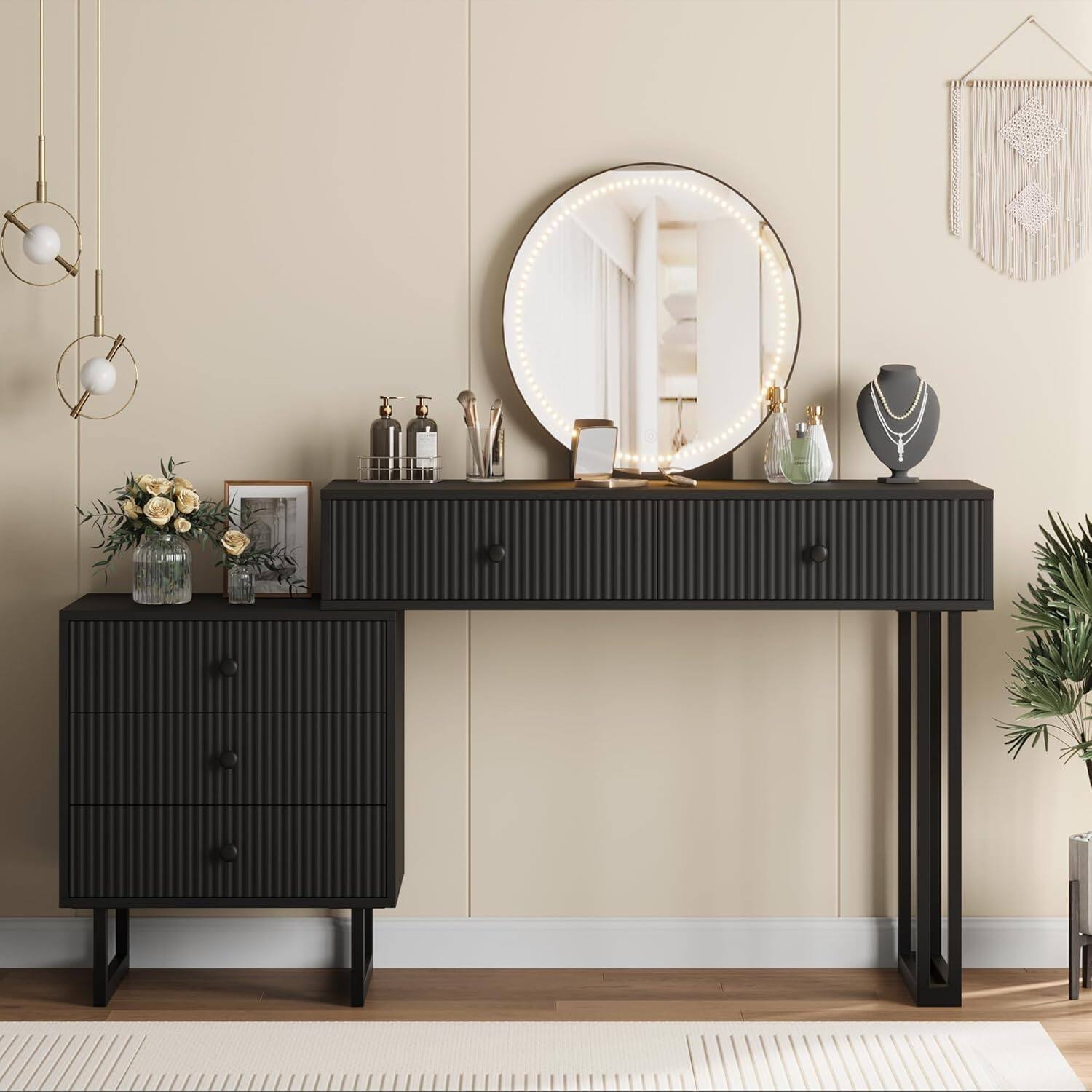 Alt View 2. GARVEE - Vanity Desk with Mirror and Lights, 5-Drawer Makeup Vanity, 3-Color LED, Adjustable Brightness - Black.