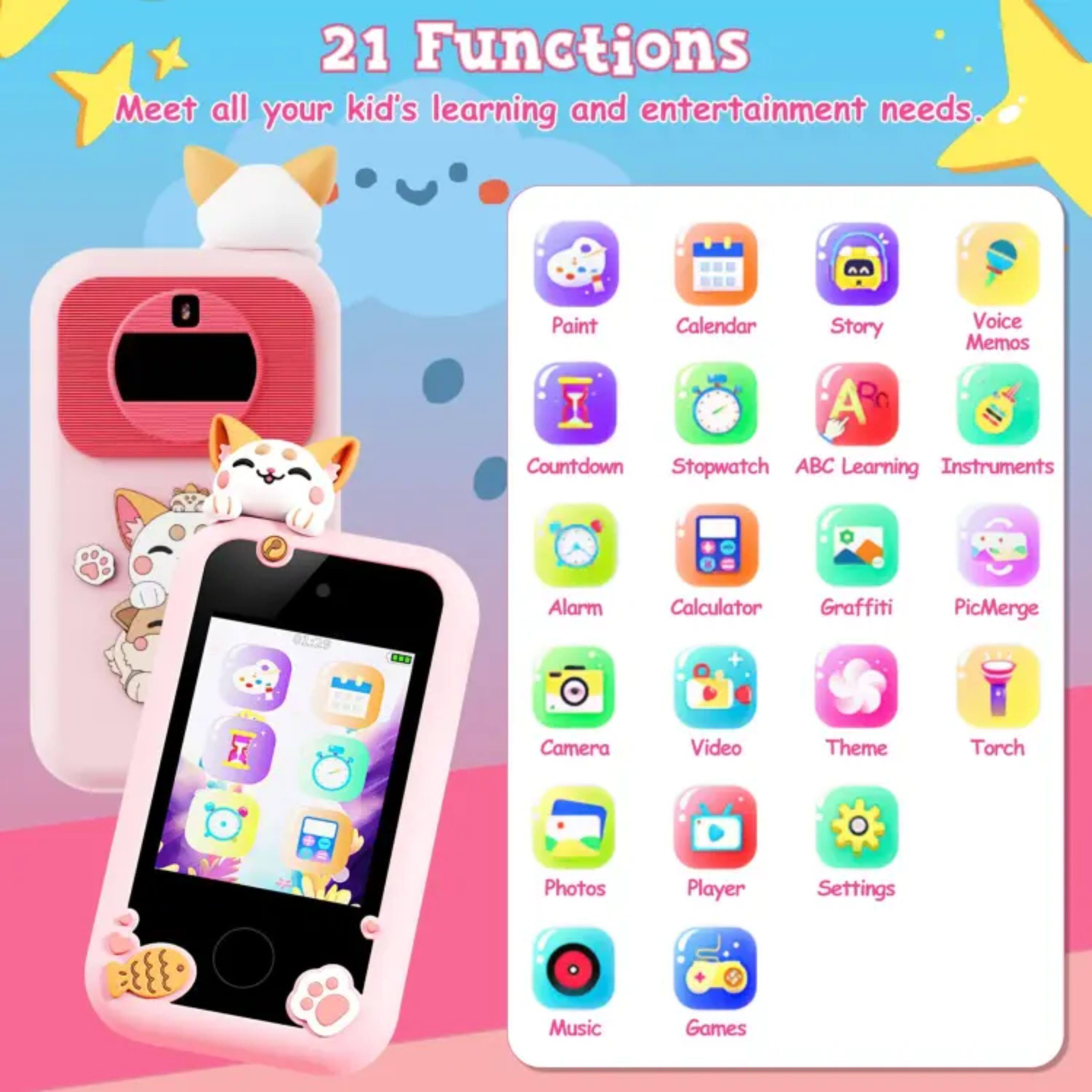 21 Functions  
Meet all your kid's learning and entertainment needs.  
Paint, Calendar, Story, Voice Memos, Countdown, Stopwatch, ABC Learning, Instruments, Alarm, Calculator, Graffiti, PicMerge, Camera, Video, Theme, Torch, Photos, Player, Settings, Music, Games