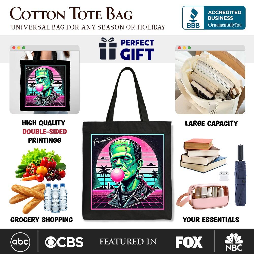 COTTON TOTE BAG  
UNIVERSAL BAG FOR ANY SEASON OR HOLIDAY  

ACCREDITED BUSINESS  
BBB  
OrnamentallyYou  

PERFECT GIFT  
HIGH QUALITY DOUBLE-SIDED PRINTING  
LARGE CAPACITY  
GROCERY SHOPPING  
YOUR ESSENTIALS  

FEATURED IN  
abc  
CBS  
FOX  
NBC