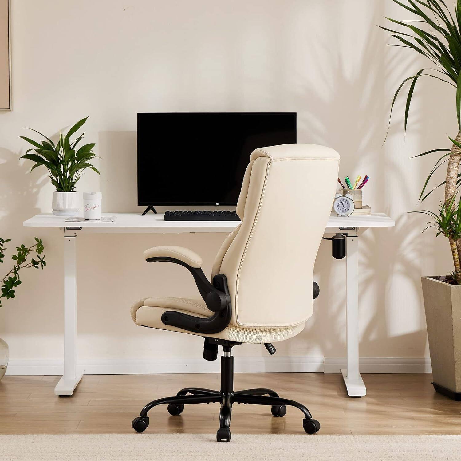 Angle. AOITUN - Ergonomic Office Chair Heavy Duty Task Desk Chair with Flip-up Arms, PU Leather, Adjustable Swivel Rolling Chair - White.