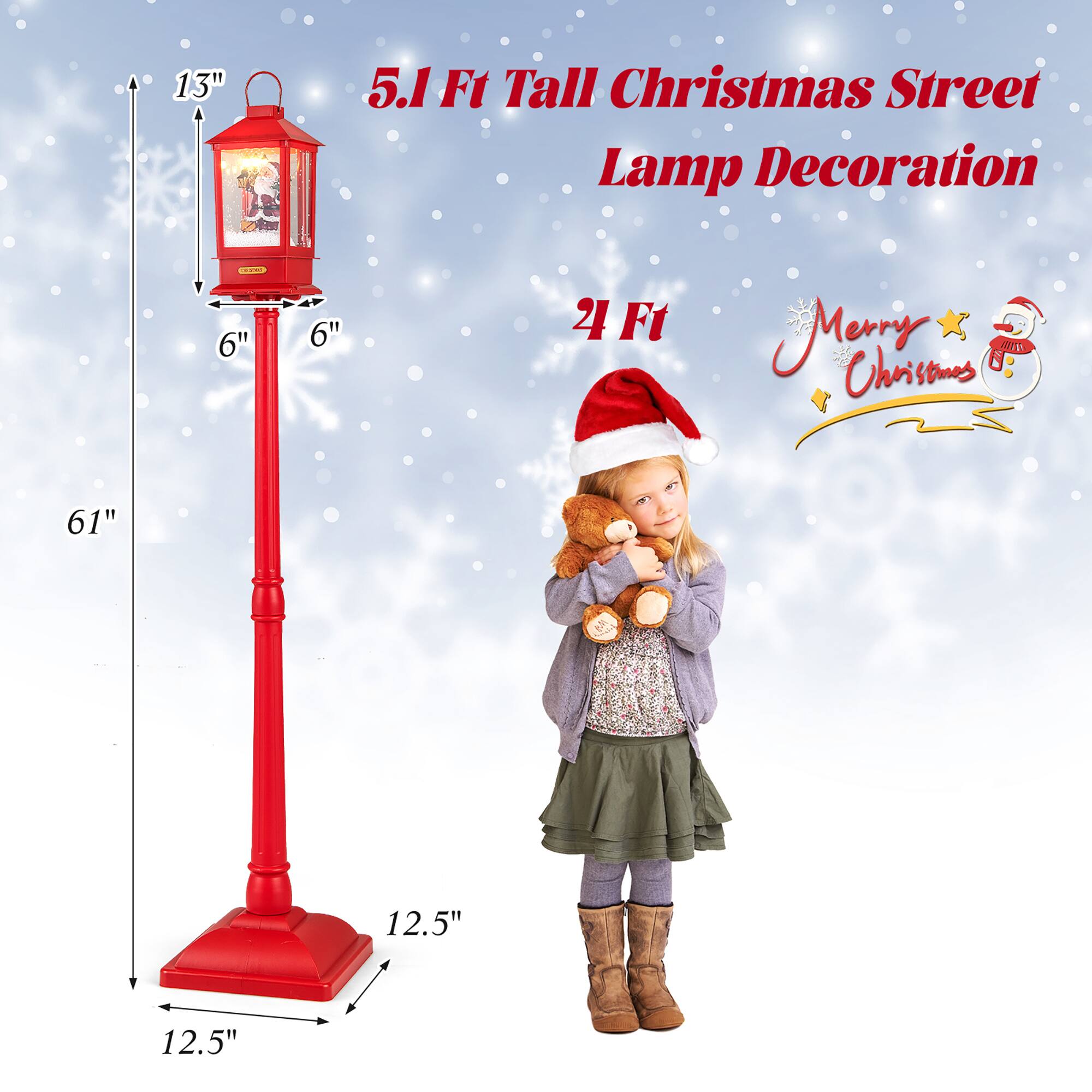 5.1 Ft Tall Christmas Street Lamp Decoration

- Height: 61"
- Base: 12.5" x 12.5"
- Pole: 2 Ft
- Lamp: 13" x 6" x 6"

Merry Christmas