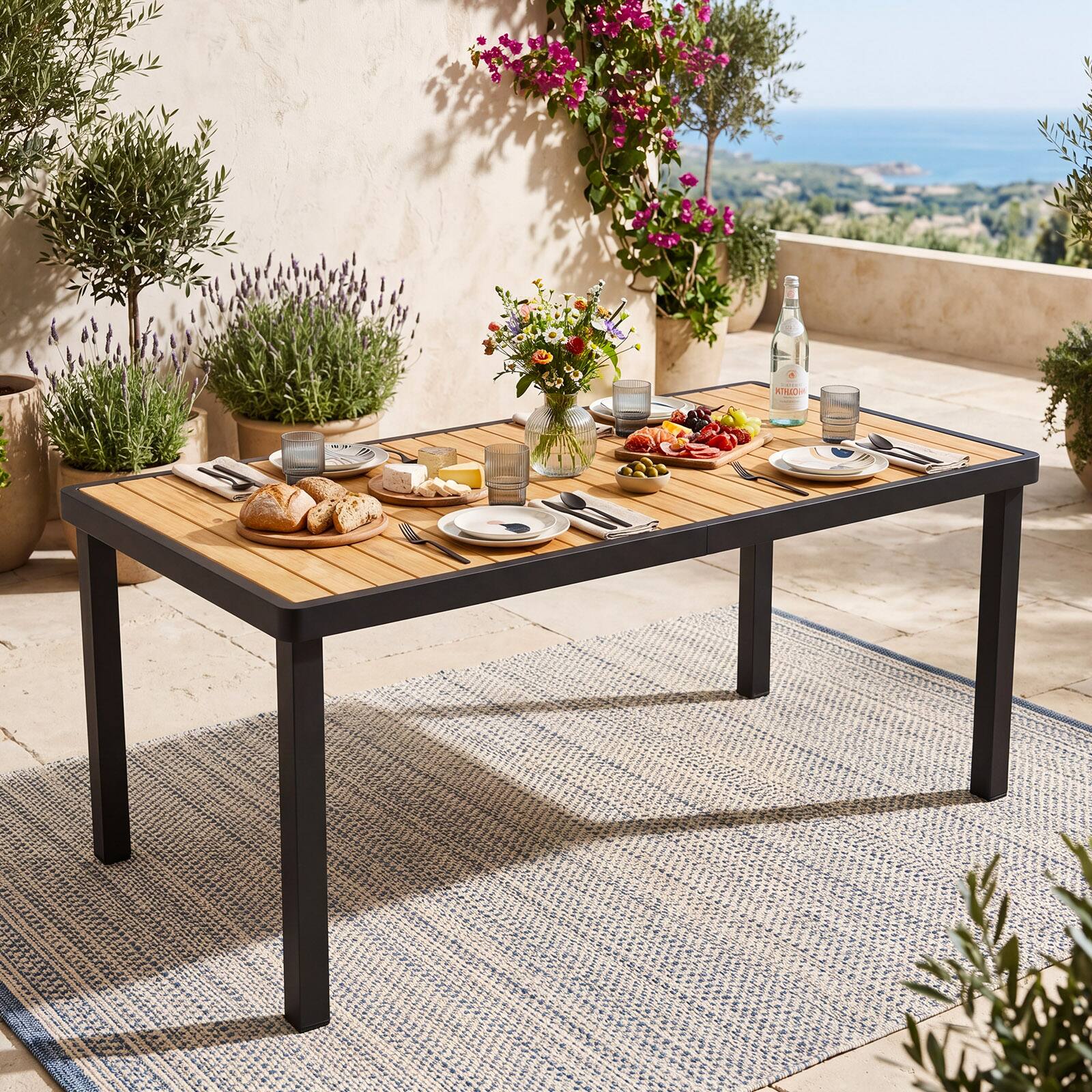 Alt View 1. Gymax - Gymax Acacia Wood Outdoor Dining Table Rectangular Patio Table w/ 1.97'' Umbrella Hole - Black.