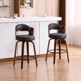 FERPIT - Faux Leather Swivel Counter Bar Stools with Wood Legs Set of 2, 26" - Black