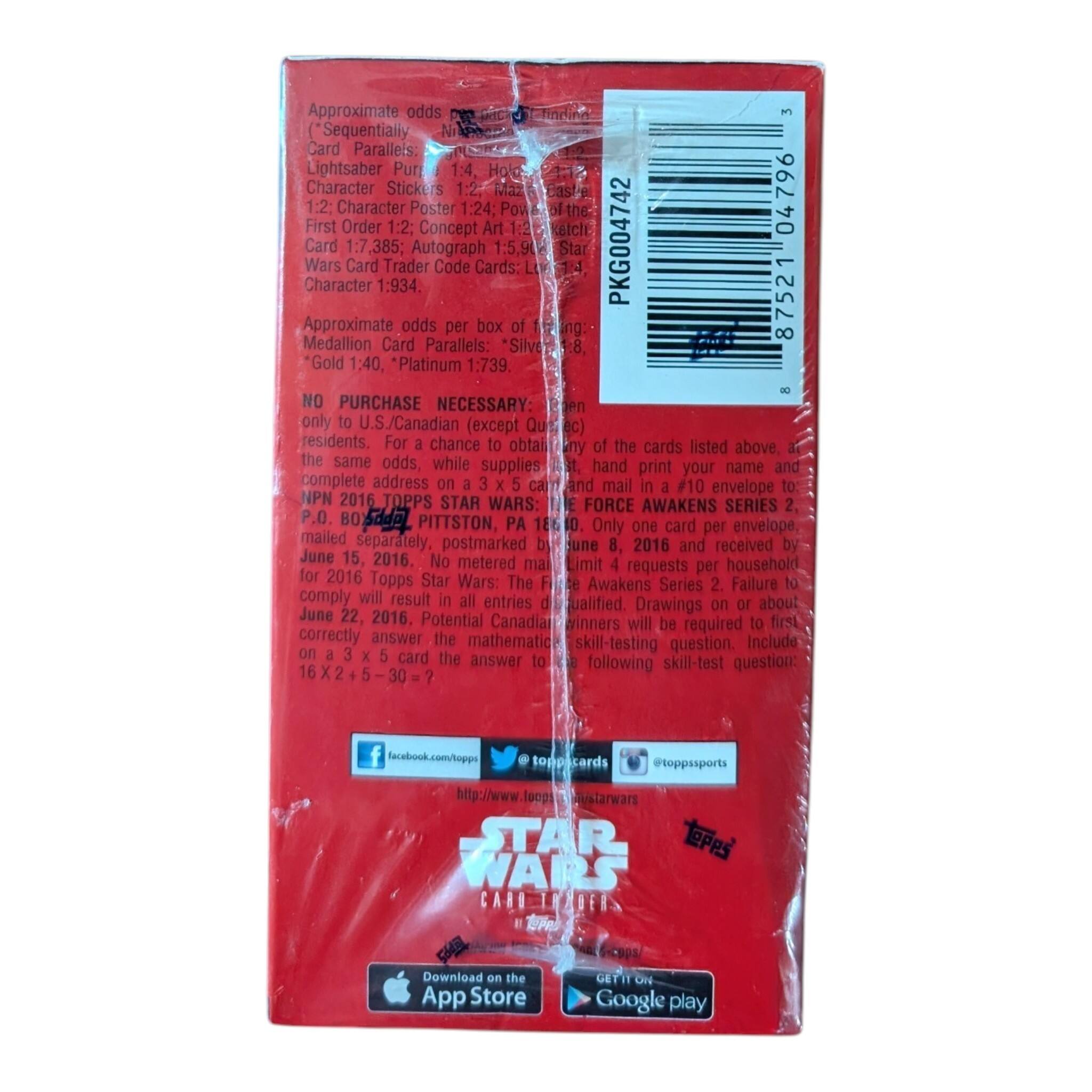 Approximate odds:

- Sequentially Card Parallels Lightsaber Purple 1:4
- Holds Character Stickers 1:2
- Character Poster 1:24
- First Order 1:2
- Concept Art Sketch Medallion 1:7,385
- Wars Card Trader Code Cards: 1:934

Approximate odds per box of 10:

- Medallion Card Parallels: *Silver* 1:5,9
- *Gold* 1:40
- *Platinum* 1:739

NO PURCHASE NECESSARY: only to U.S./Canadian (except Quebec residents). For a chance to obtain any of the cards listed above, while supplies last, hand and print your name and complete address on a 3 x 5 card and mail in a #10 envelope to: NPN 2016 TOPPS STAR WARS: FORCE AWAKENS SERIES 2, P.O. BOX 1000, PITTSBURGH, PA 15222. Only one card per envelope, mailed separately, postmarked by June 8, 2016 and received by June