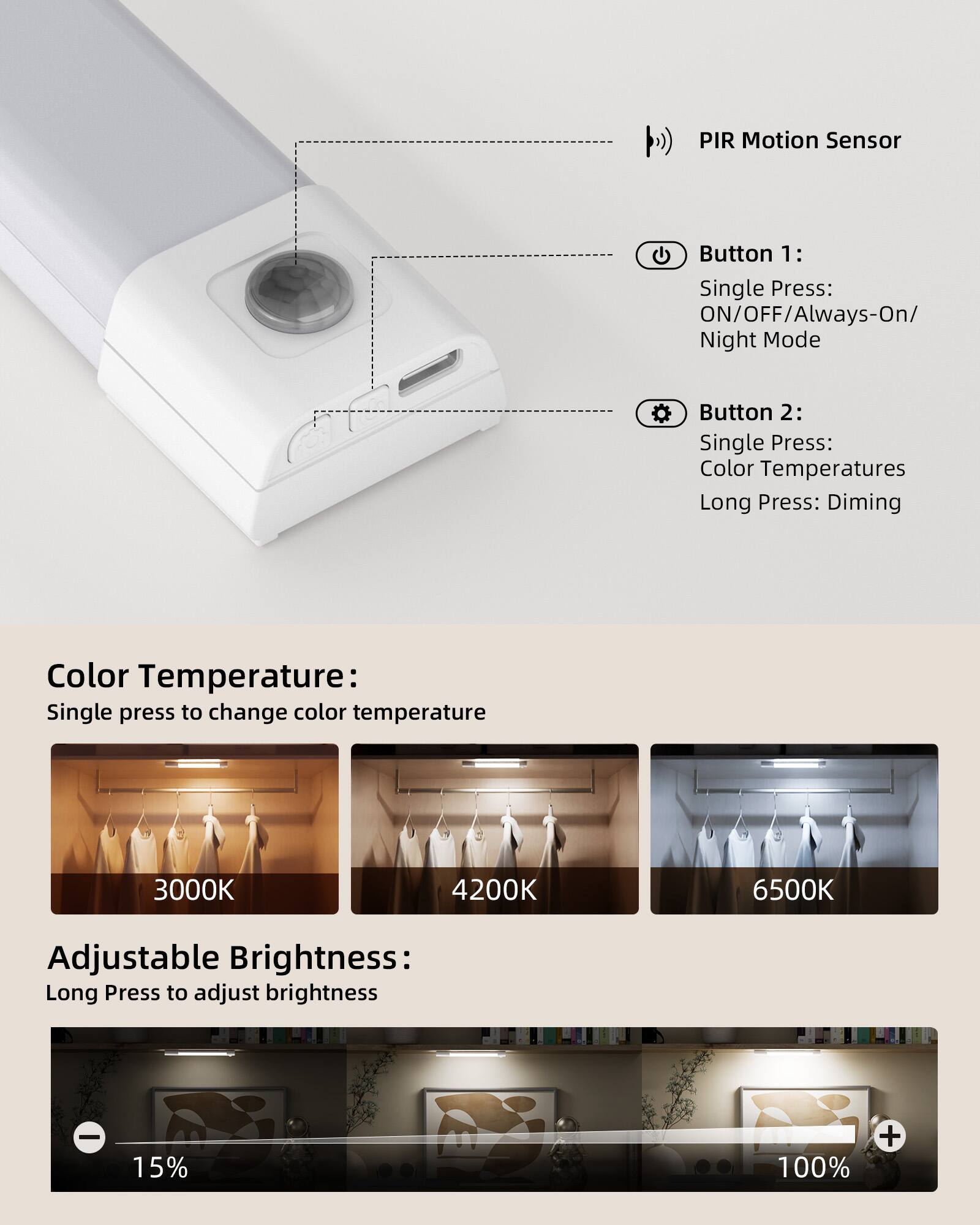 **PIR Motion Sensor**

**Button 1:**
- Single Press: ON/OFF/Always-On/Night Mode

**Button 2:**
- Single Press: Color Temperatures
- Long Press: Dimming

**Color Temperature:**
- Single press to change color temperature
  - 3000K
  - 4200K
  - 6500K

**Adjustable Brightness:**
- Long Press to adjust brightness
  - 15% to 100%