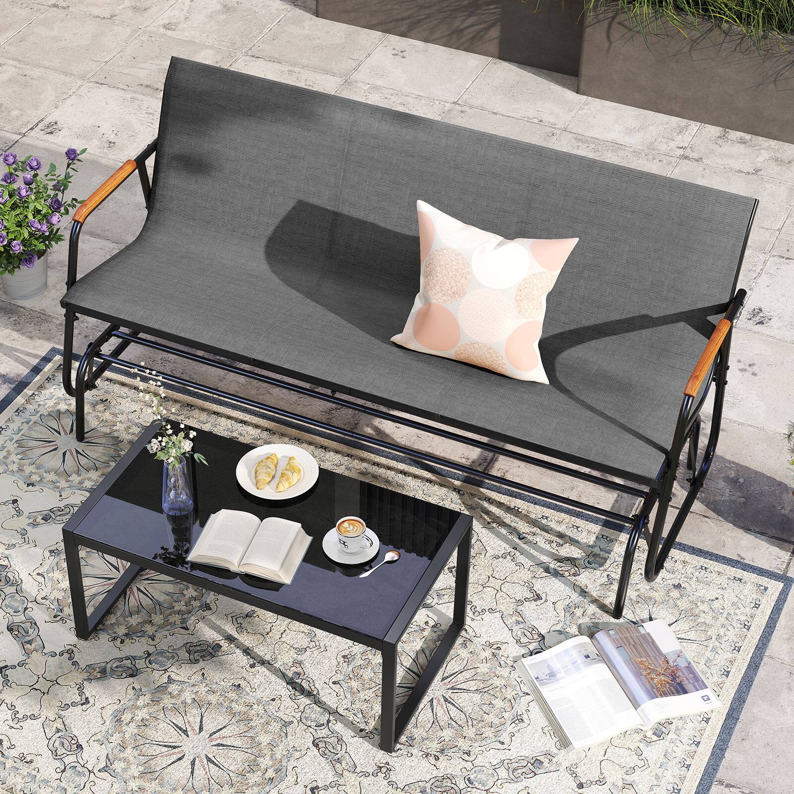 Alt View 4. Costway - Costway Patio Glider Bench for 3, Swing Gliding Long Seat with Curved Teak Armrests - Gray.