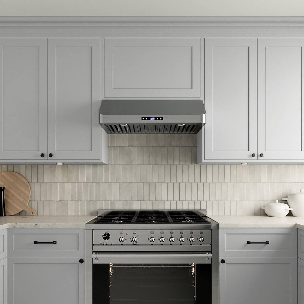 Left. Streamline - 30 in. Montecreto Ductless Undermount 406 CFM Range Hood, Baffle Filters, Touchpad Control, LED Lights - Brushed Stainless Steel.