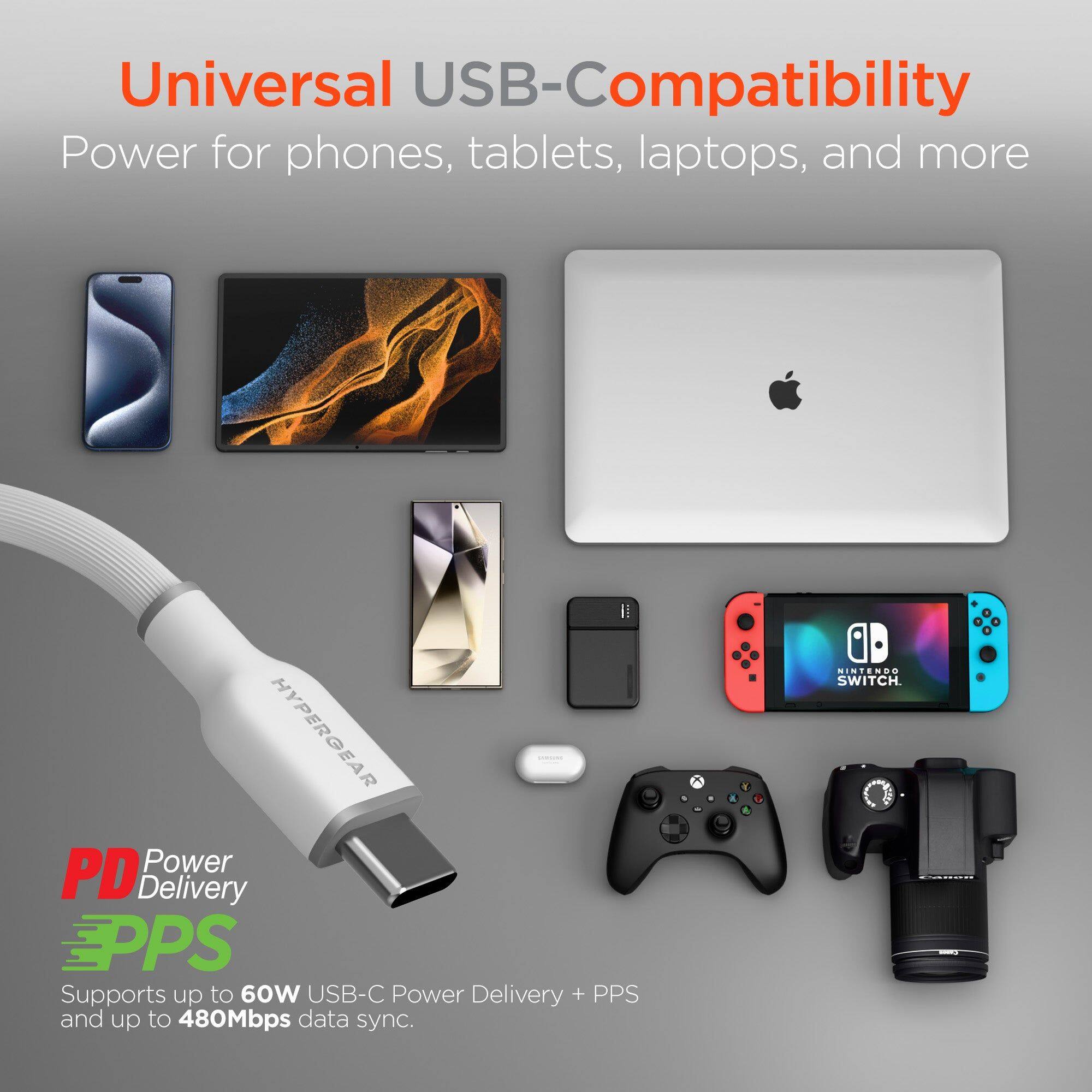 Universal USB-Compatibility  
Power for phones, tablets, laptops, and more  

HYPERGEAR Power PD Delivery EPPS  
Supports up to 60W USB-C Power Delivery + PPS and up to 480Mbps data sync.  

- A Y OD IN TENRU SWITCH.