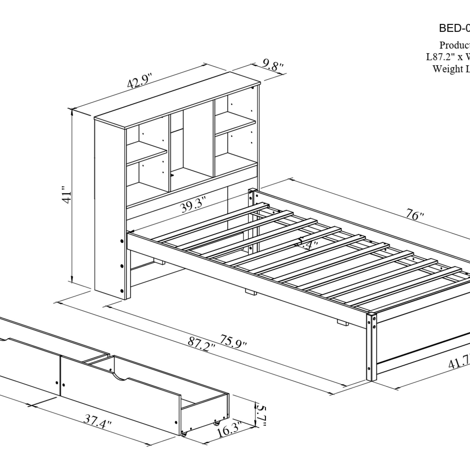 Sure, here is the corrected and grouped text from the image:

- BED-0
- Product
- L87.2" x W76" x H41"
- Weight L
- 42.9"
- 9.8"
- 41"
- 39.3"
- 76"
- 87.2"
- 75.9"
- 41.7"
- 37.4"
- 16.3"
- 5.7"