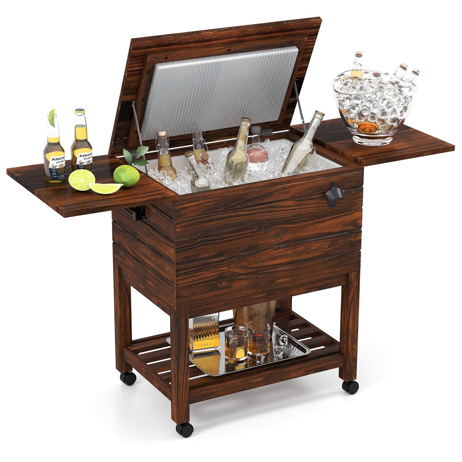Ecooso - 54 Quart Wooden Cooler Cart for Patio Rolling Ice Chest with Shelves - Brown