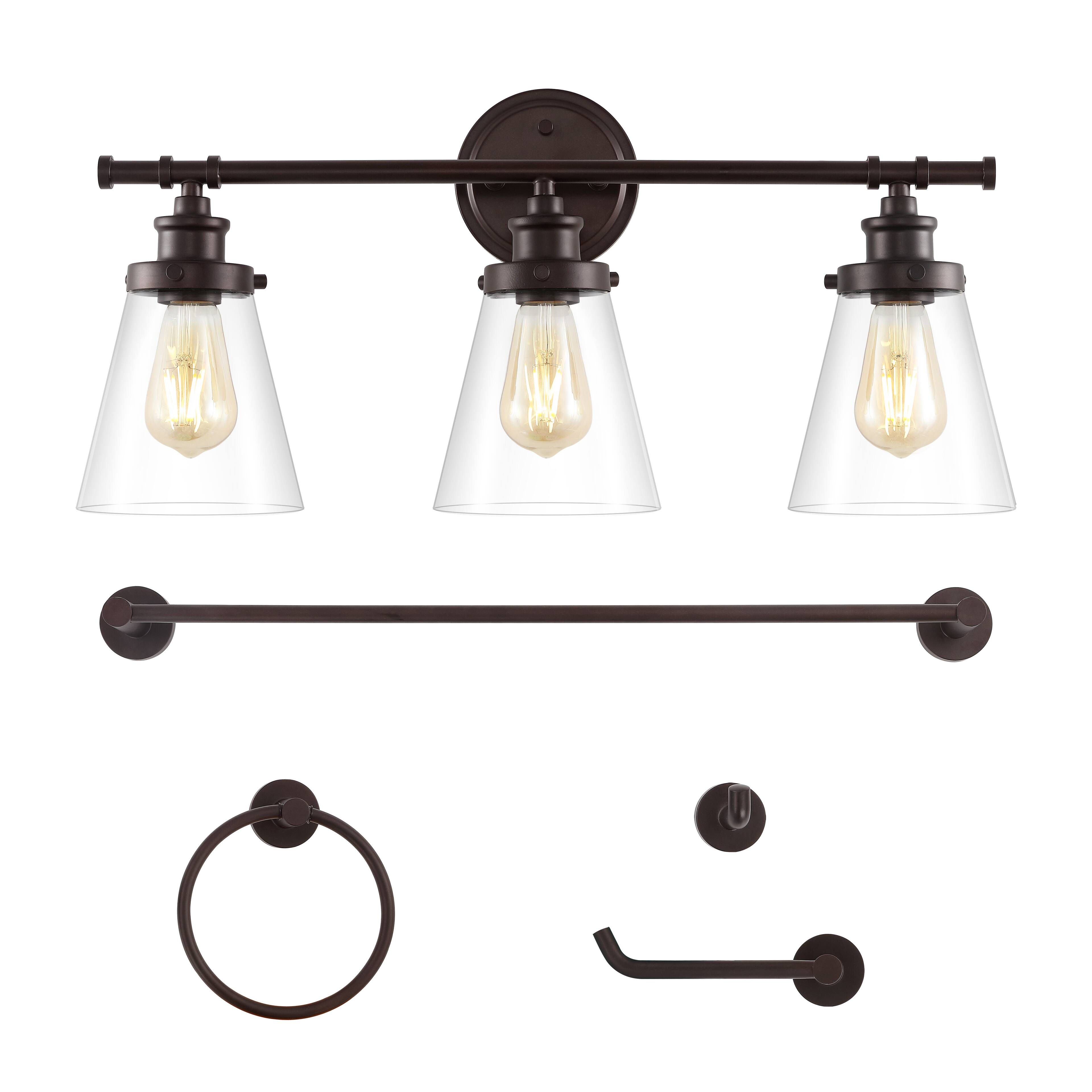 Front. Jonathan Y - Hollis 23.75" 3-Light Traditional Vanity Light with Bathroom Hardware Accessory Set, Oil Rubbed Bronze (5-Piece) - Oil Rubbed Bronze.