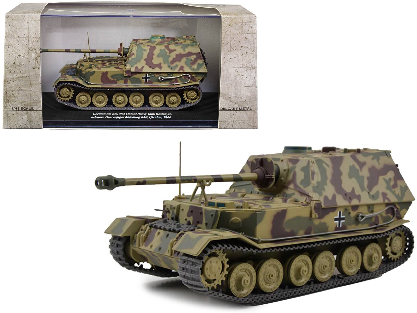 1/43 SCALE

German St. Kz. 154 Elefant Heavy Tank Destroyer
Schwere Panzerjäger Abteilung 653, Ukraine, 19-04

Heavy Tank Destroyer
653, Ukraine, 19-04

DIE CAST METAL