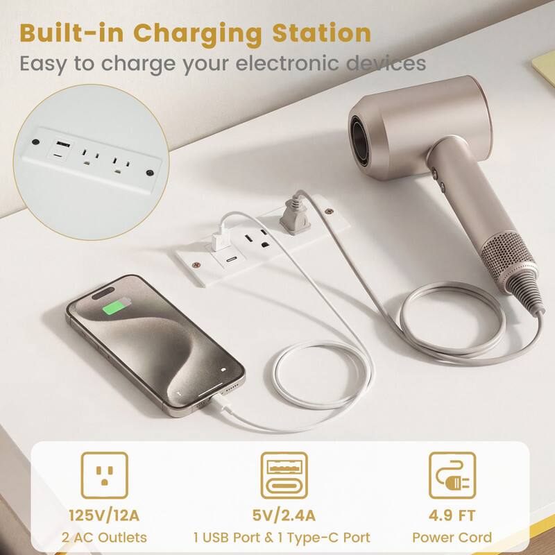 Built-in Charging Station  
Easy to charge your electronic devices

125V/12A  
2 AC Outlets

5V/2.4A  
1 USB Port & 1 Type-C Port

4.9 FT Power Cord