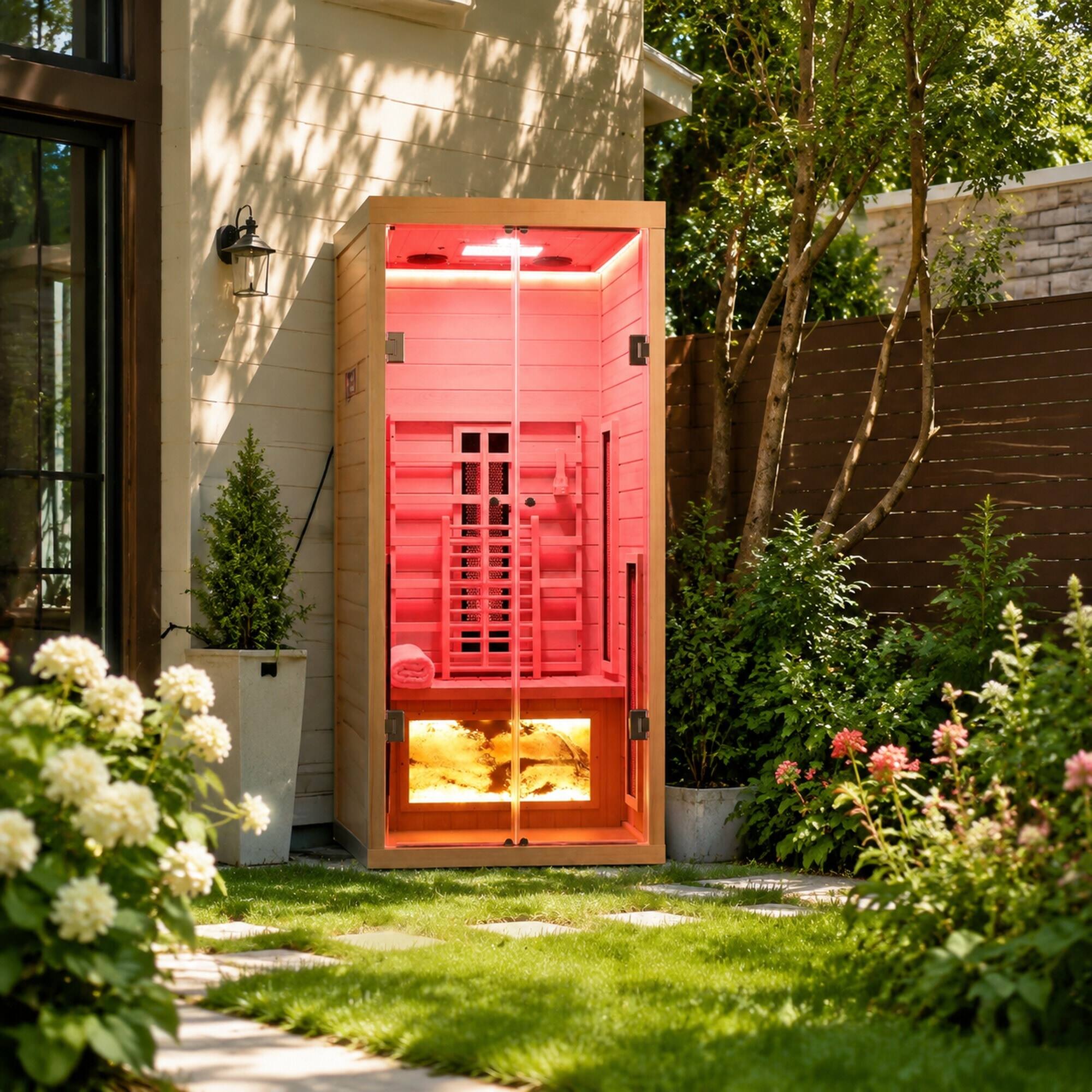 Alt View 2. RYHNUYNE - One Person Hemlock Sauna, Eastern Canadian Hemlock Wood, 1760 W Far Infrared Heating, Low EMF, Bluetooth Speakers - Natural.