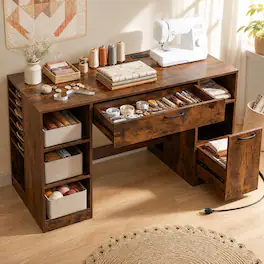 Costway - 53" Sewing Table with Power Outlets 2 Drawers Open Compartments 5 Removable Shelves - Rustic Brown