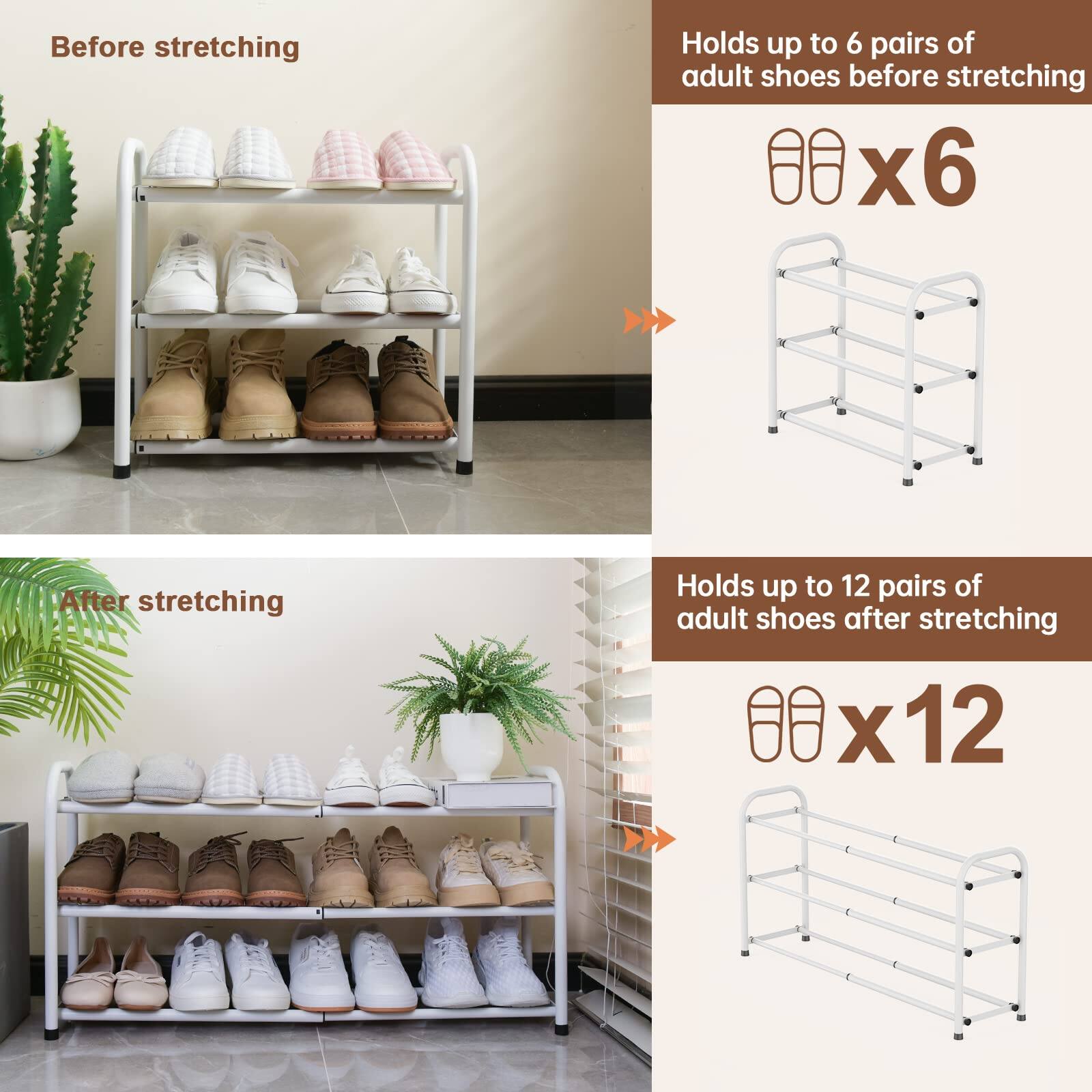 Before stretching  
Holds up to 6 pairs of adult shoes  
x6

After stretching  
Holds up to 12 pairs of adult shoes  
x12